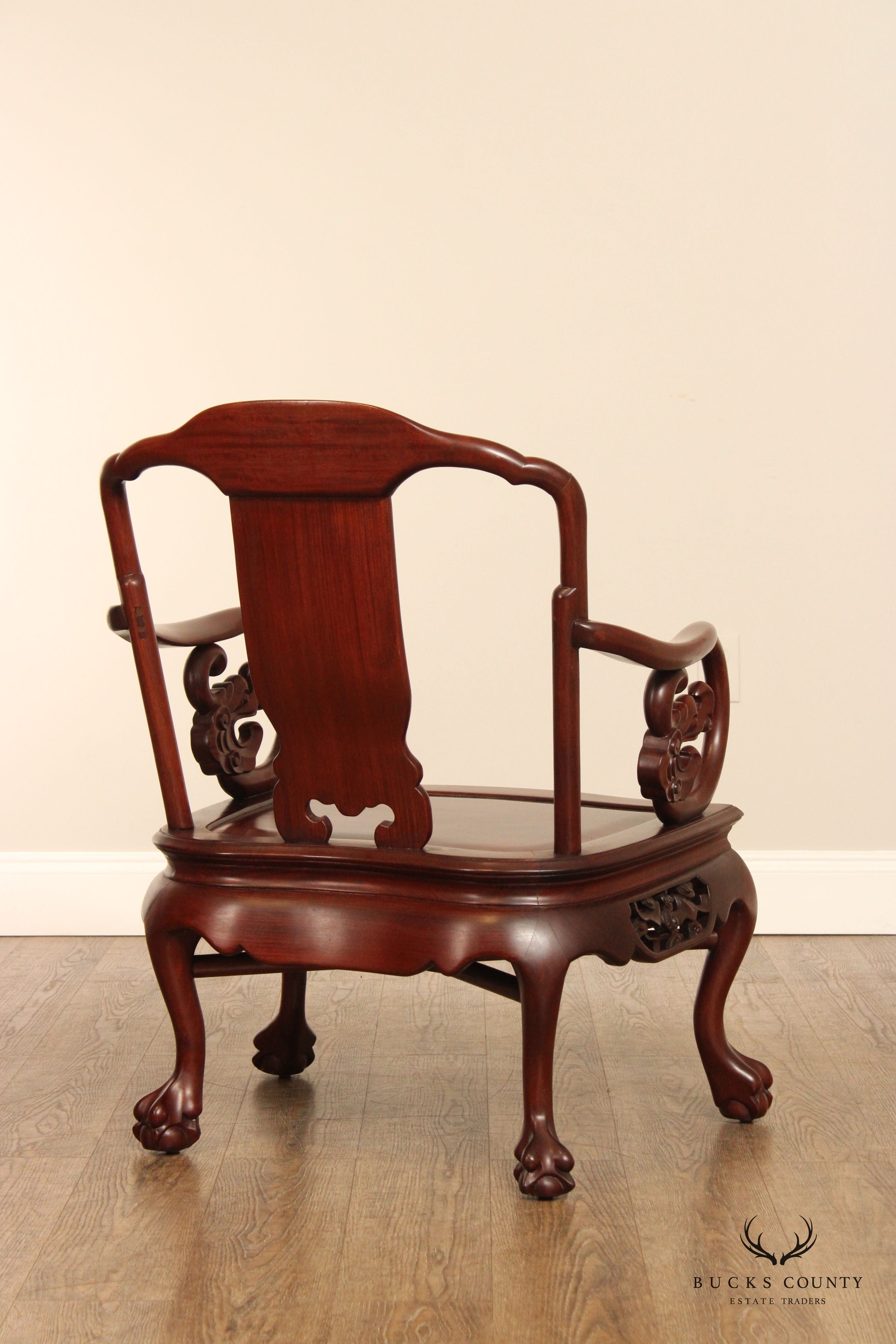 Chinese Pair of Carved Mahogany Throne Armchairs