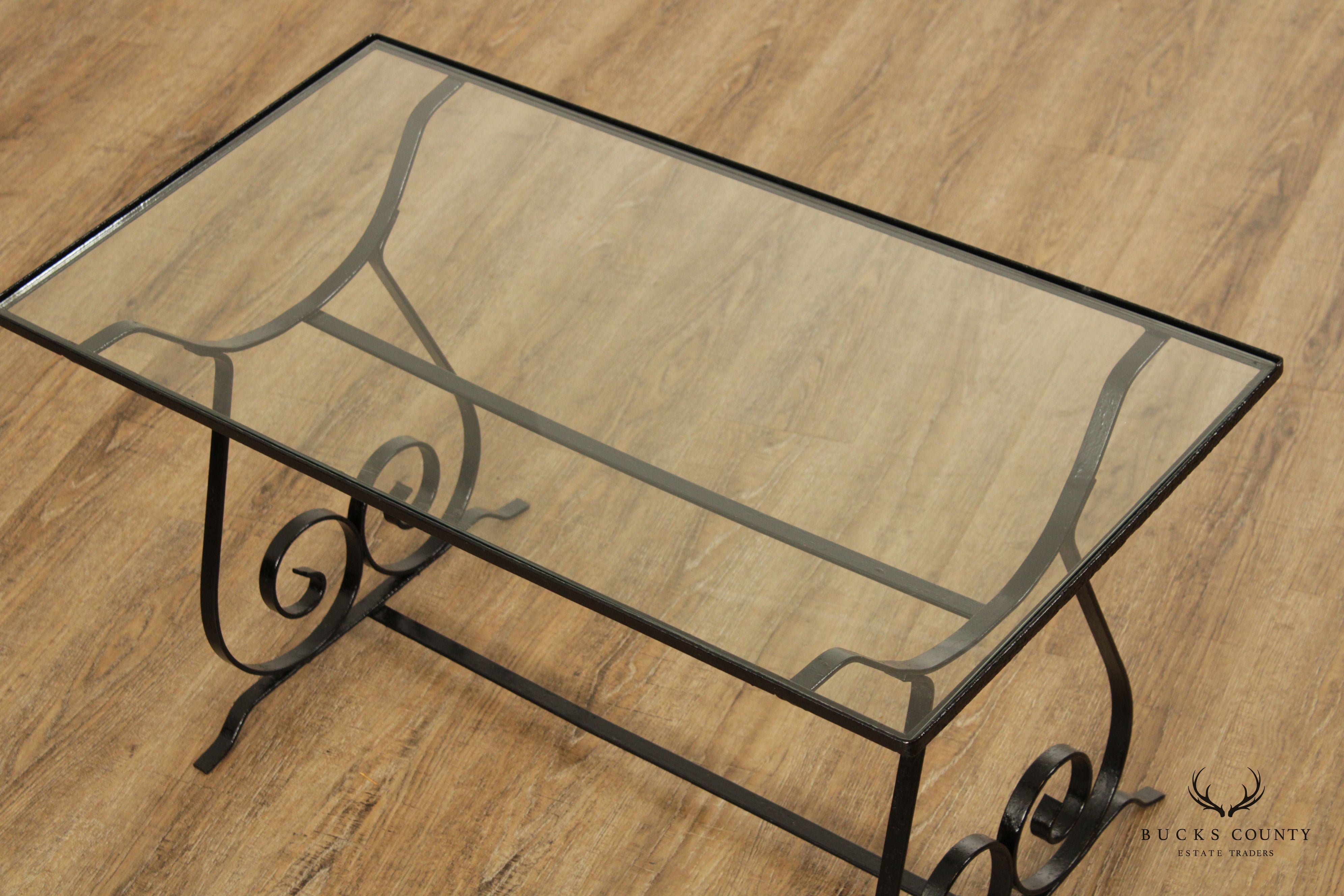 Vintage Wrought Iron Scroll Glass Top Cocktail Table