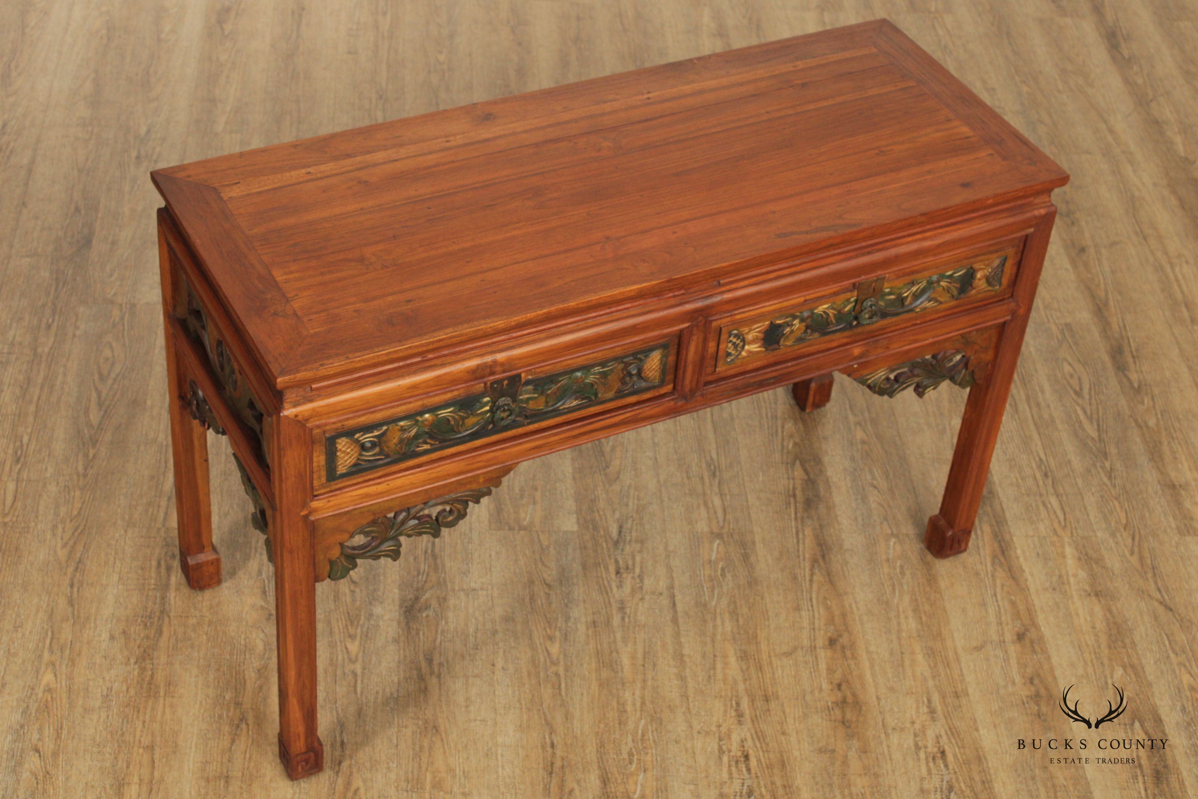 Asian Hardwood Carved Two-Drawer Console Table