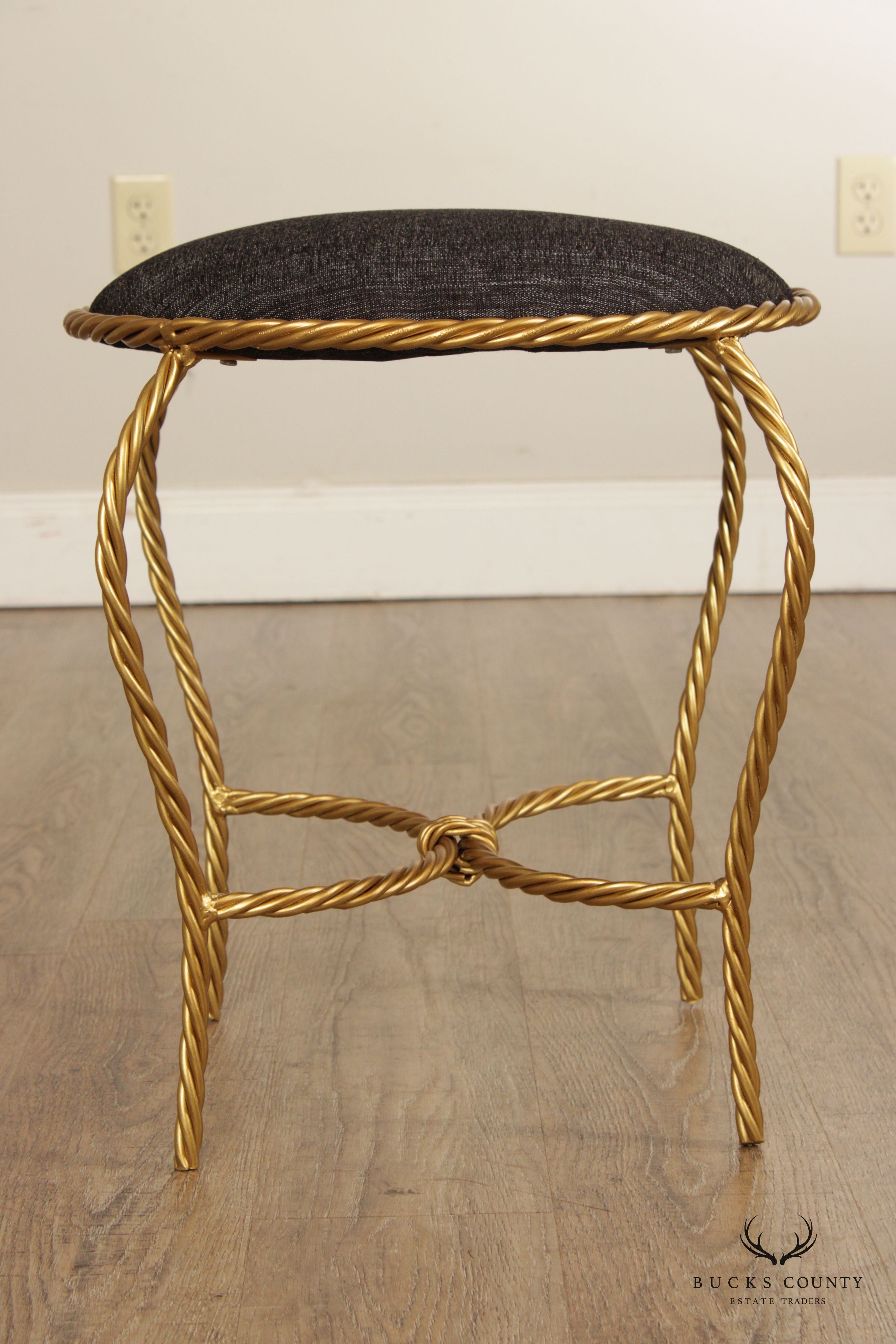 Hollywood Regency Pair of Gilt Metal Rope Twist Stools