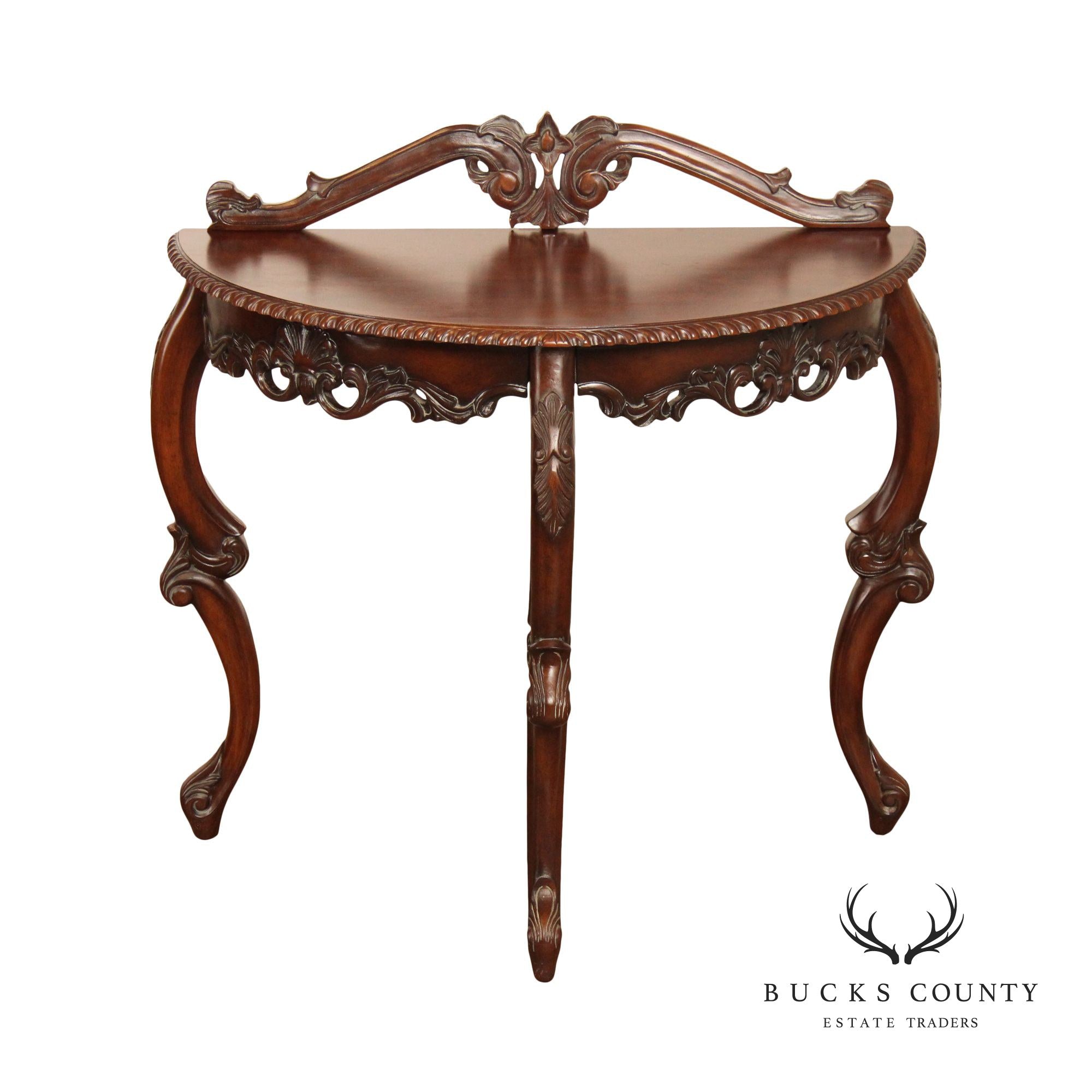 Italian Rococo Style Carved Mahogany Demilune Console Table