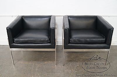 Knoll Pair Mid Century Modern Chrome Frame Black Leather Lounge Chairs (B)
