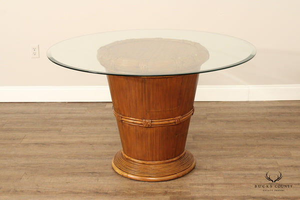 Vintage Rattan Pedestal Base Round Glass Top Dining Table