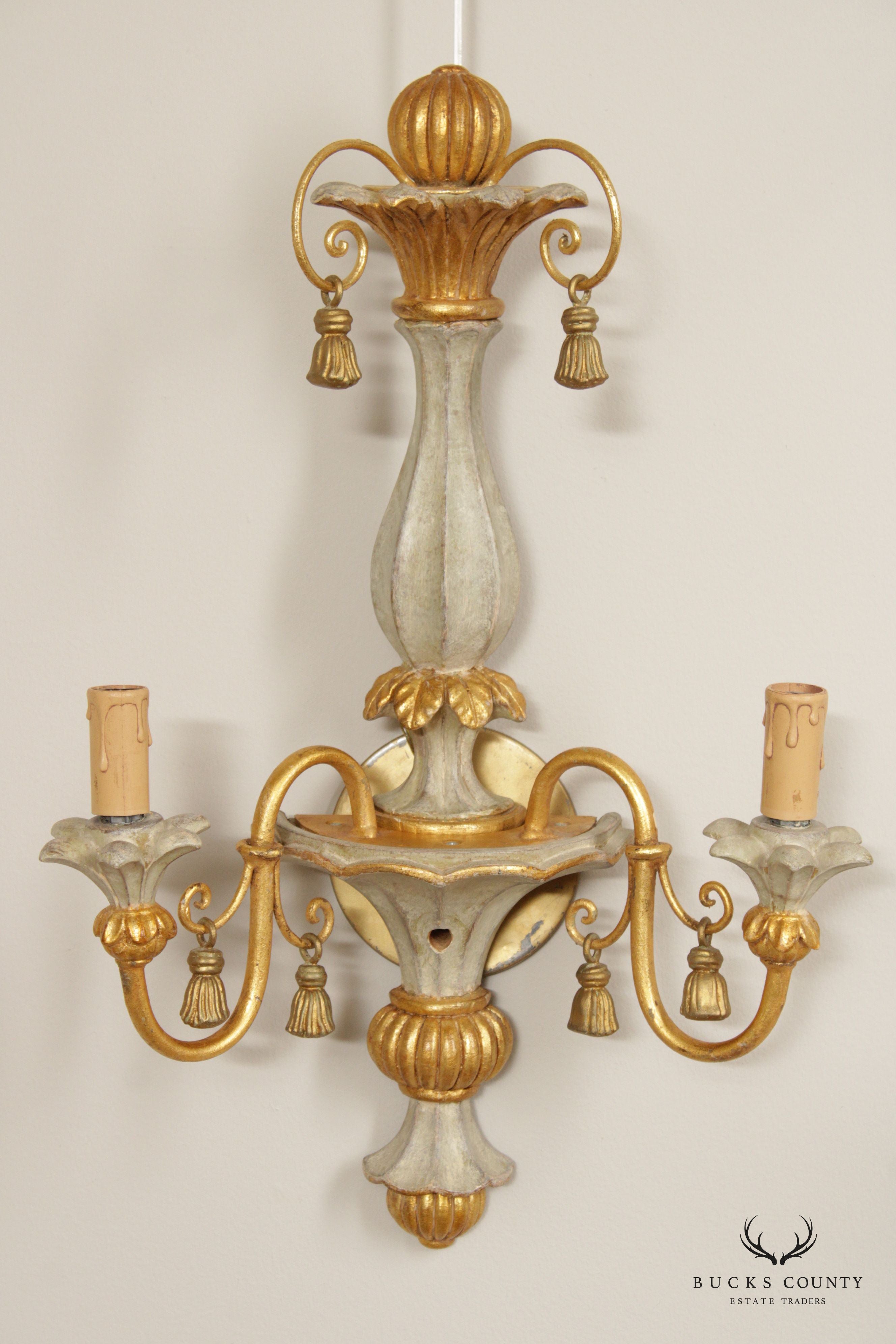 Italian Hollywood Regency Pair Parcel Gilt 2-Light Wall Sconces