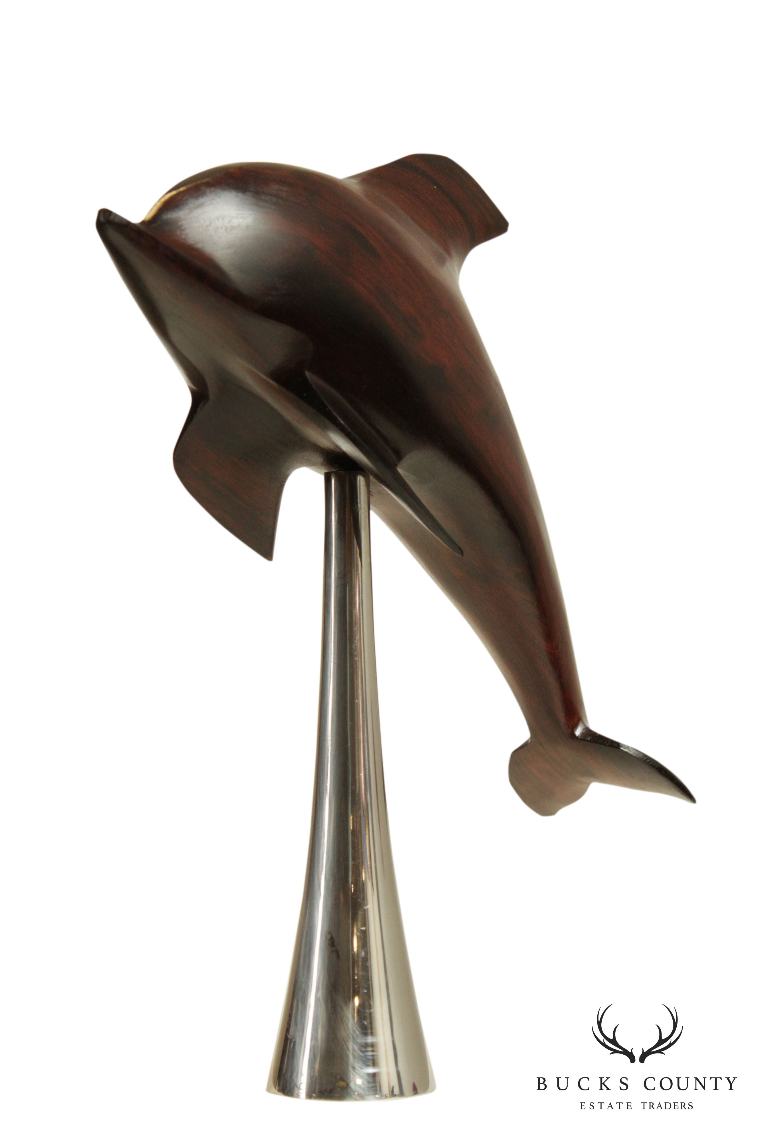 Mid Century Modern Carved Rosewood Dolphin Sculpture on Chrome Base