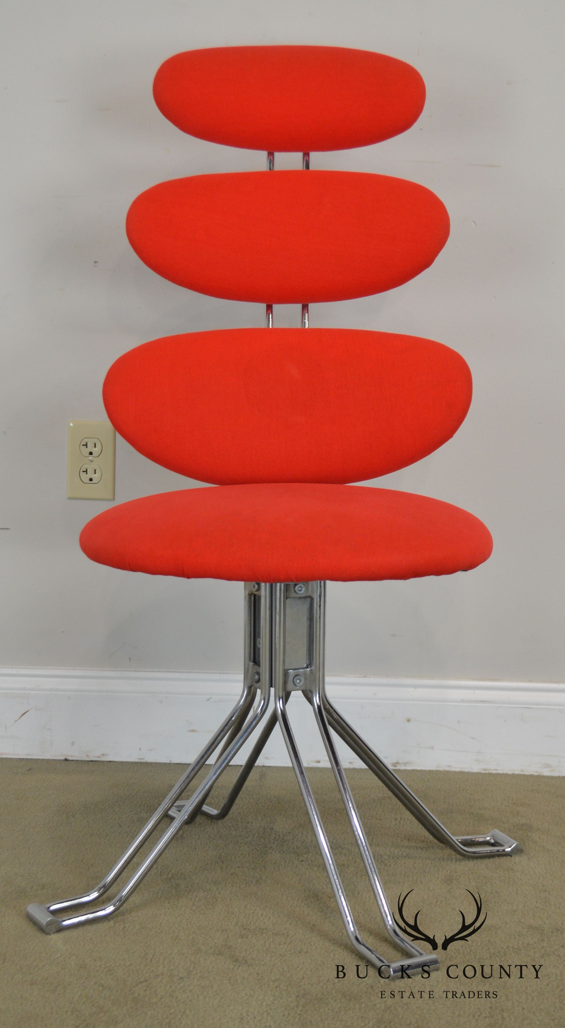 Mid Century Modern Corona Chair Chrome & Red Upholstery After Poul Volther