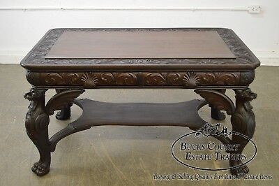 Horner Antique Carved Standing Winged Griffin Library Table Desk