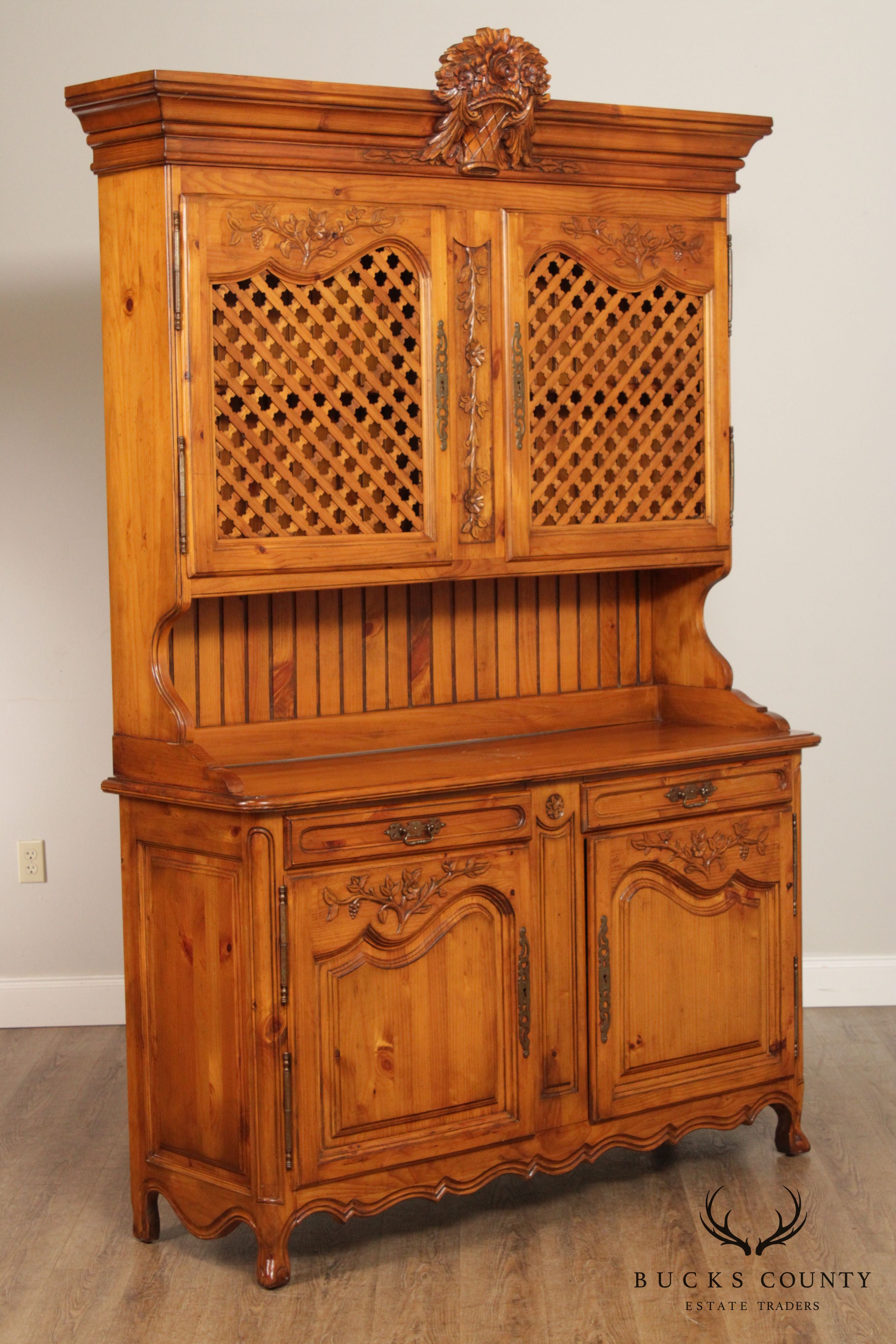 French Country Provincial Style Pine Carved Buffet Hutch Cabinet