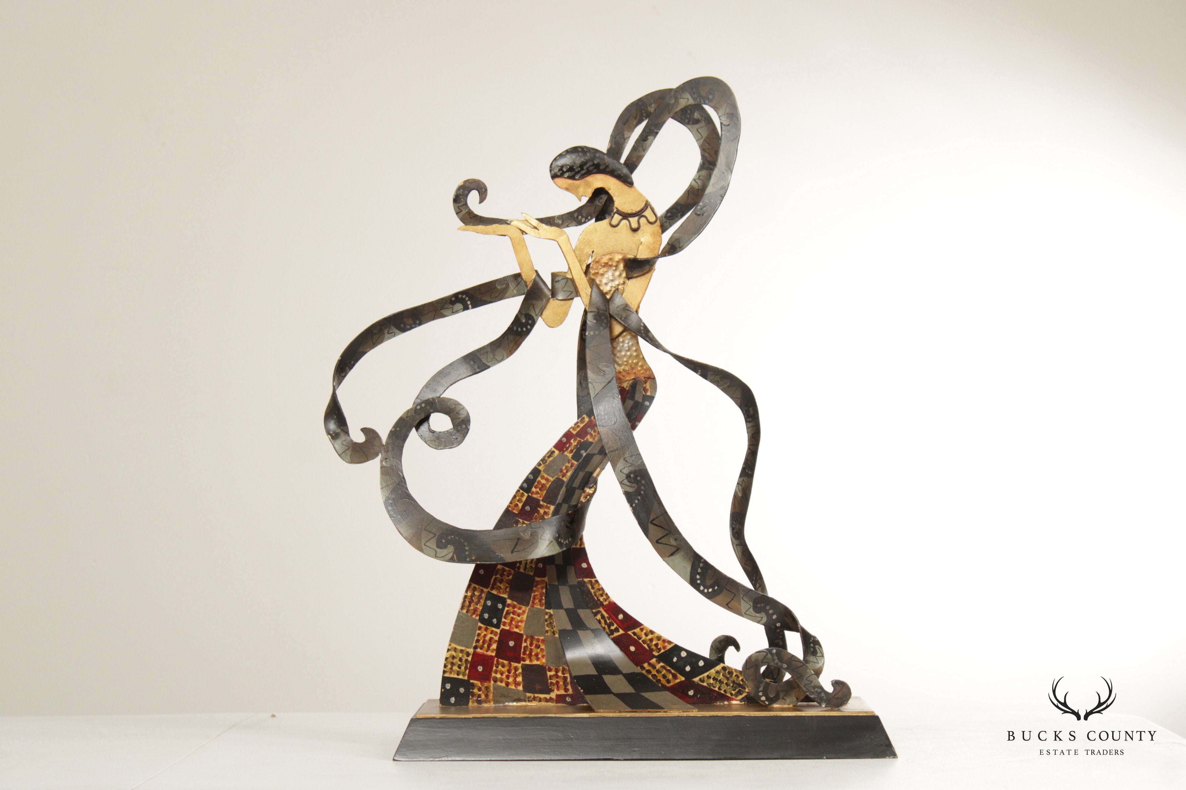 CONTEMPORARY METAL SCULPTURE OF WOMAN WITH RIBBONS