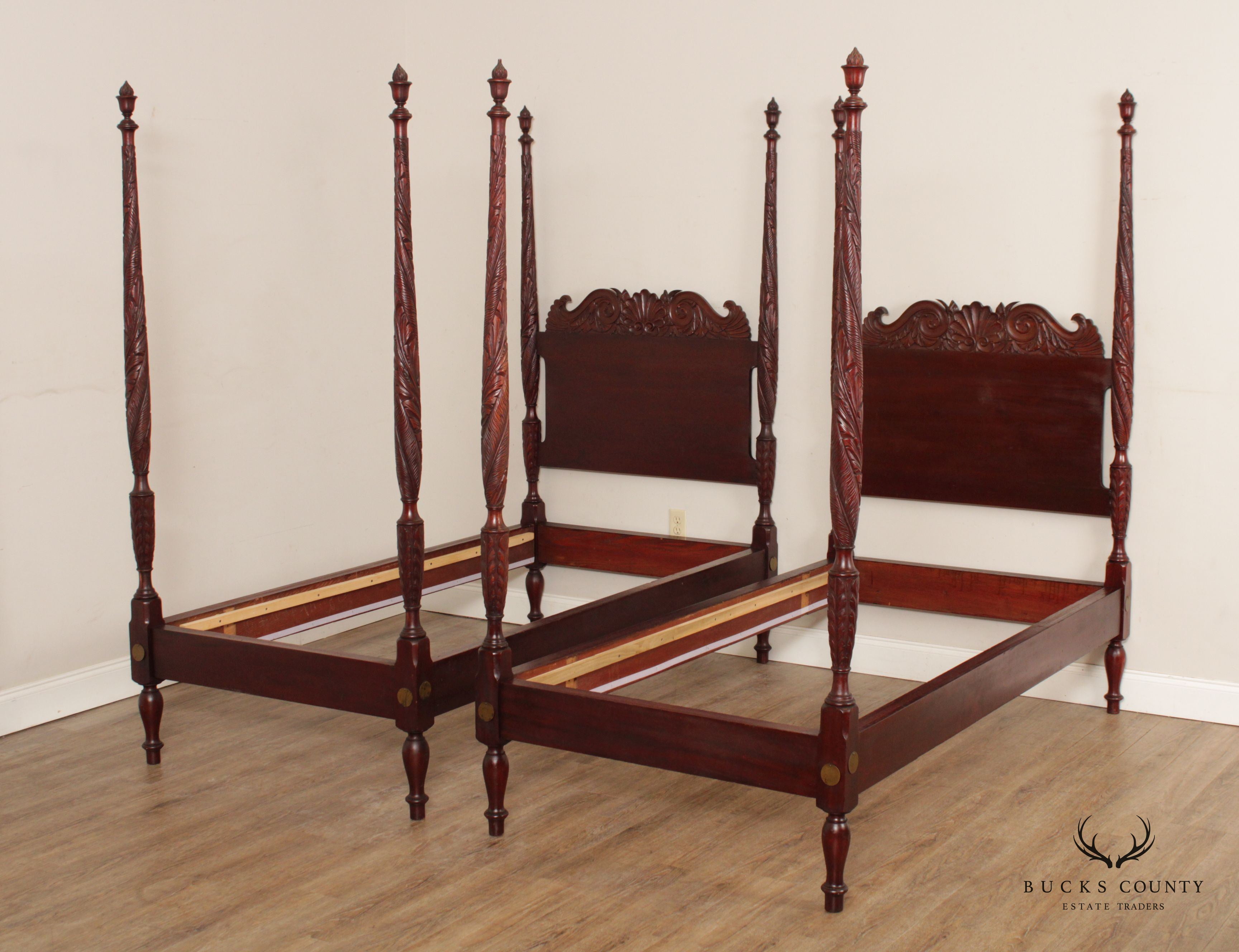 Antique American Mahogany Carved Pair Poster Beds