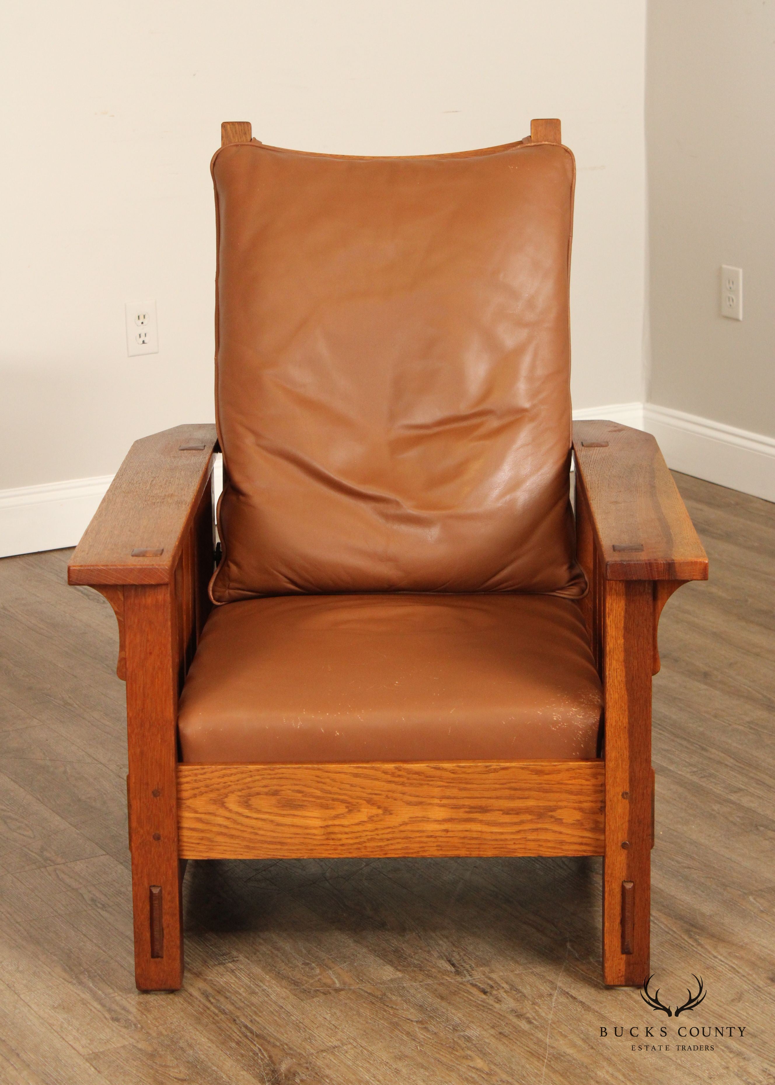 Gustav Stickley Antique Mission Oak and Leather Reclining Morris Chair