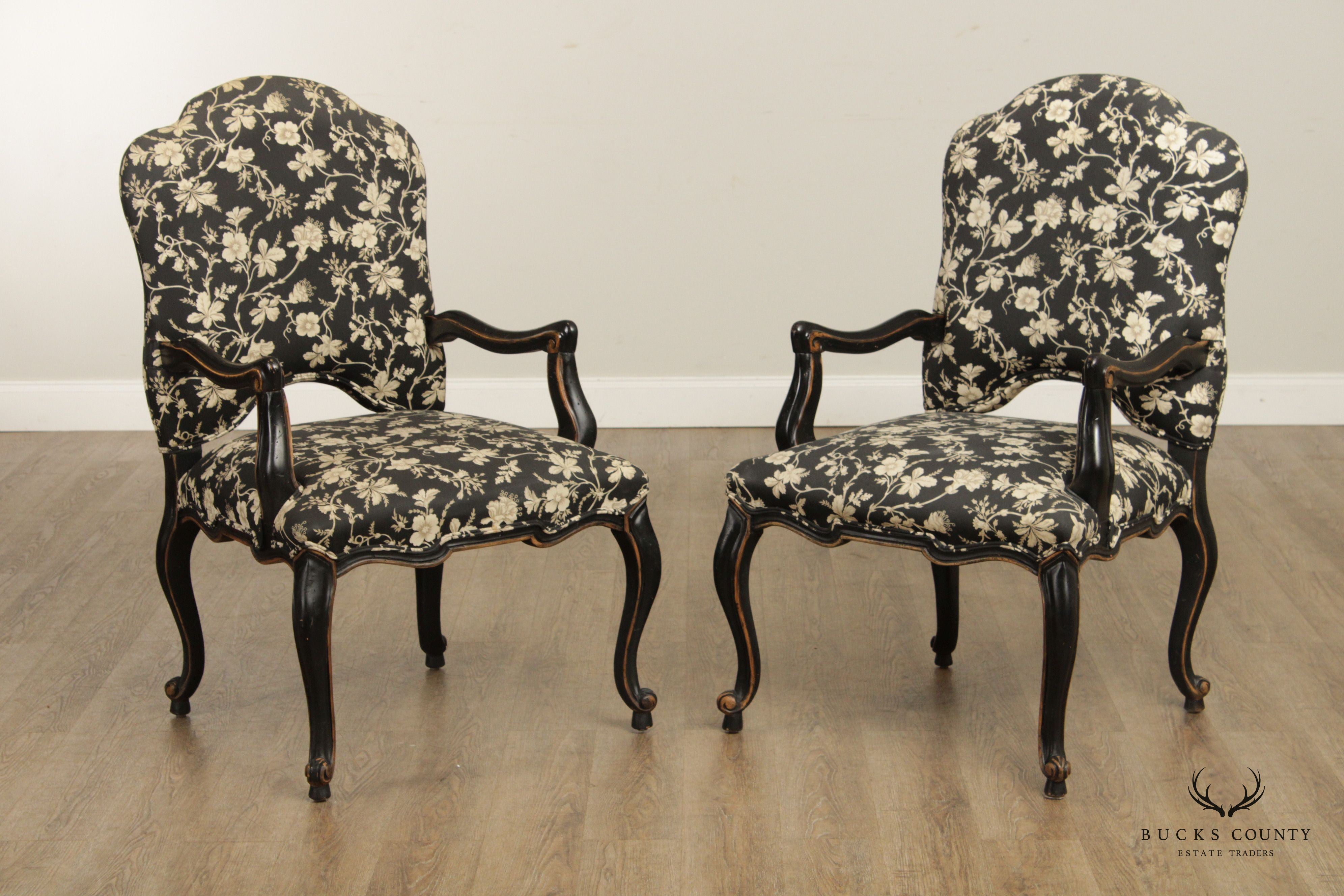 Italian Louis XV Style Vintage Pair of Ebonized Armchairs