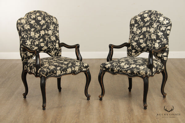 Italian Louis XV Style Vintage Pair of Ebonized Armchairs