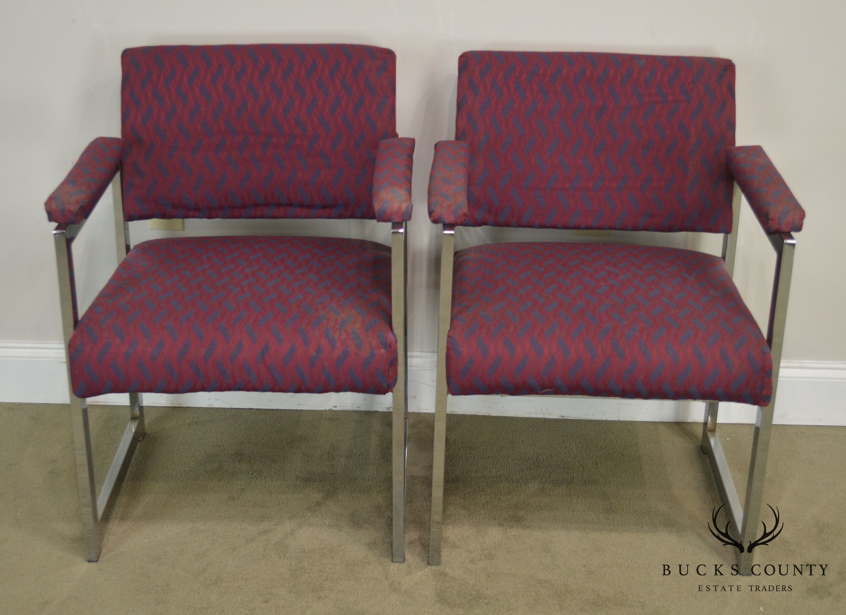 Mid Century Modern Milo Baughman Style Pair Chrome Armchairs