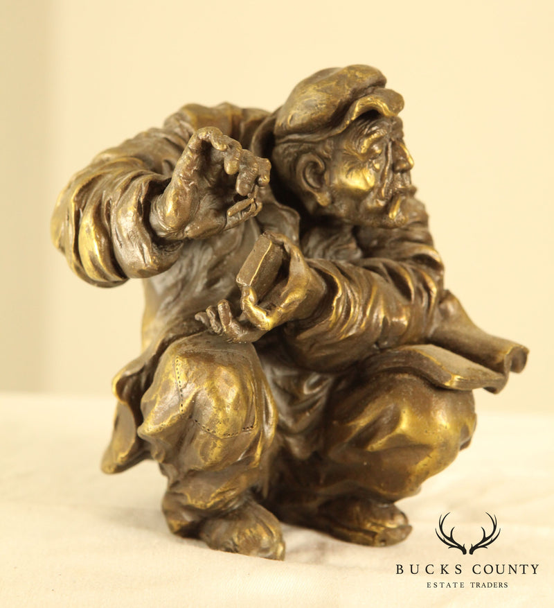 Atlie Bronze Figure of an Old Man Reading, Striking Match for Cigarette