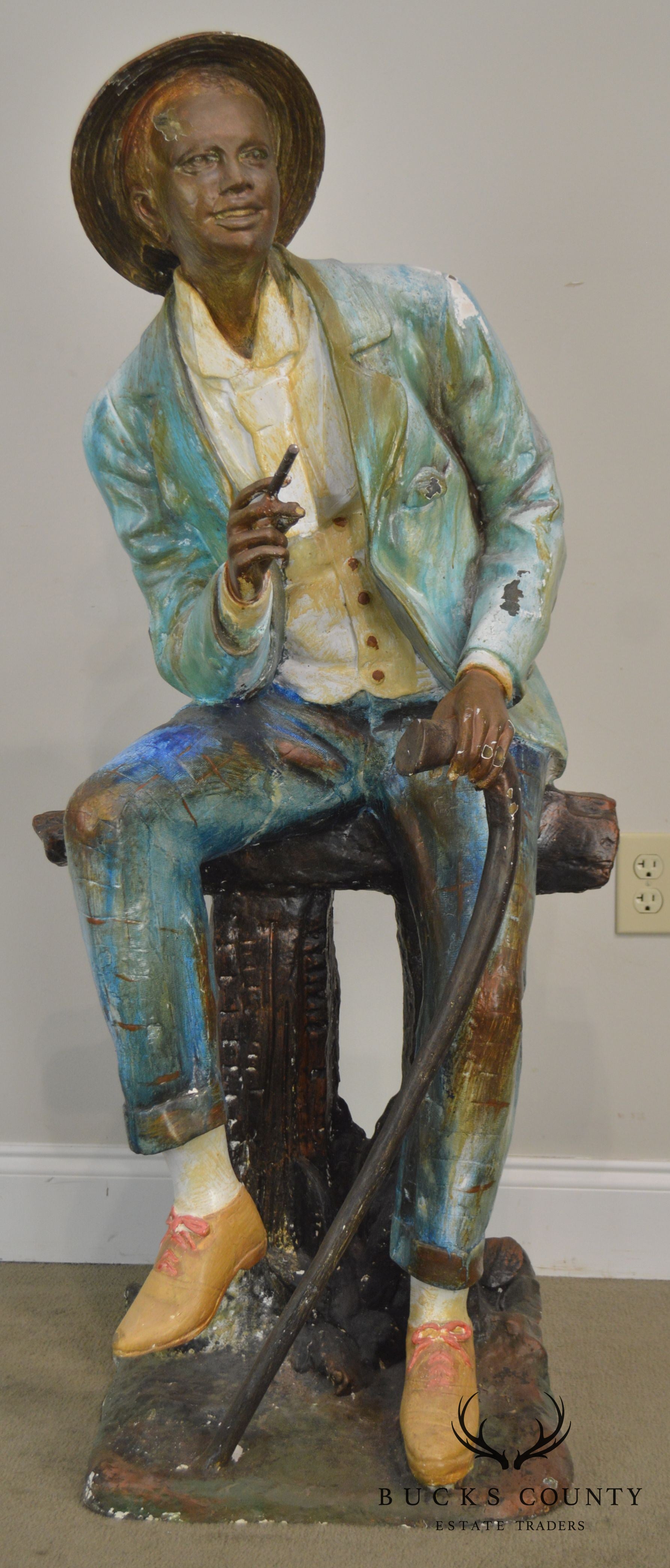 Farnsworth Large Painted Bronze Statue of Seated Black Man with Cane & Cigar