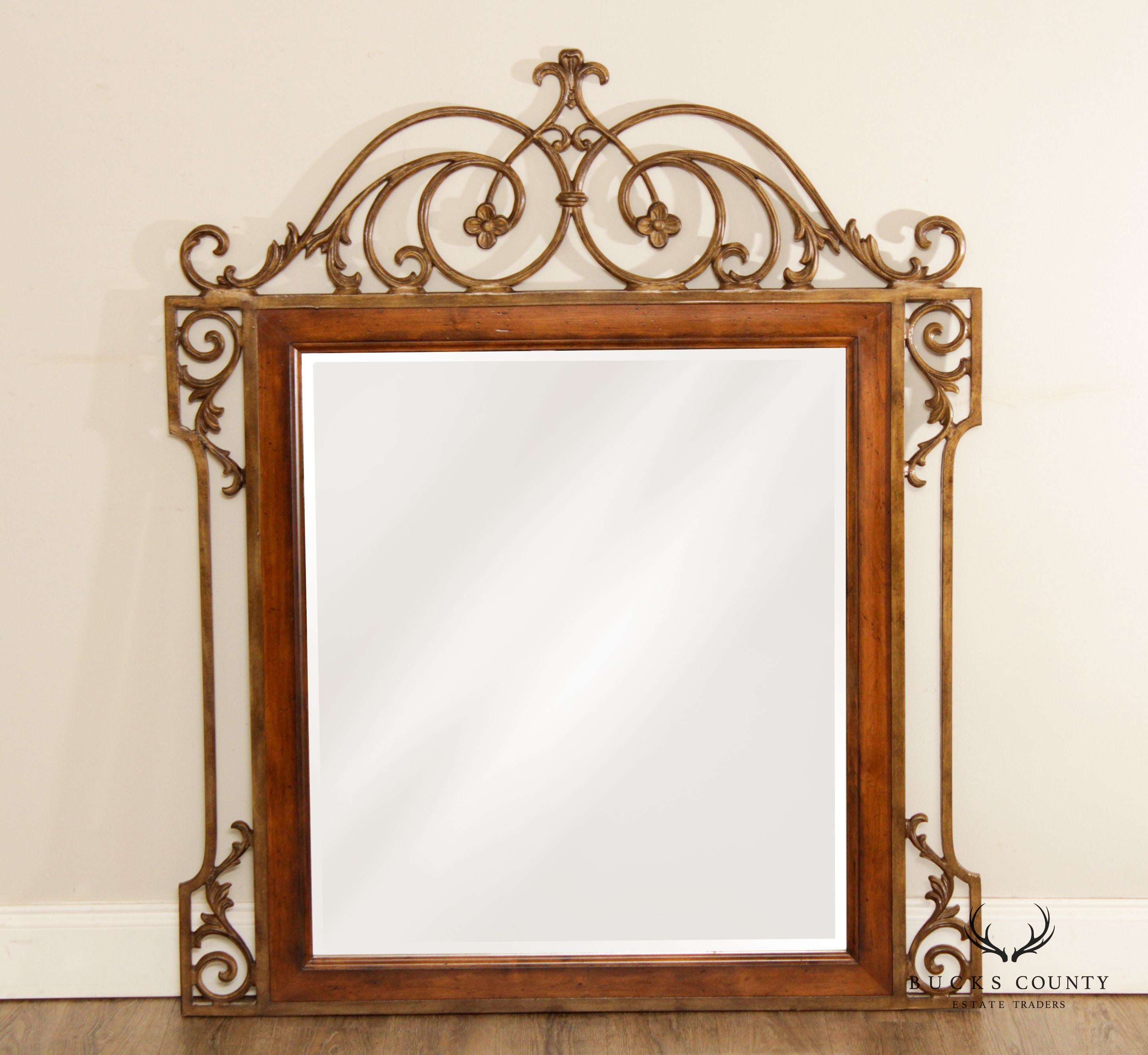 Tuscan Style Scrolled Iron Work and Wood Frame Wall Mirror