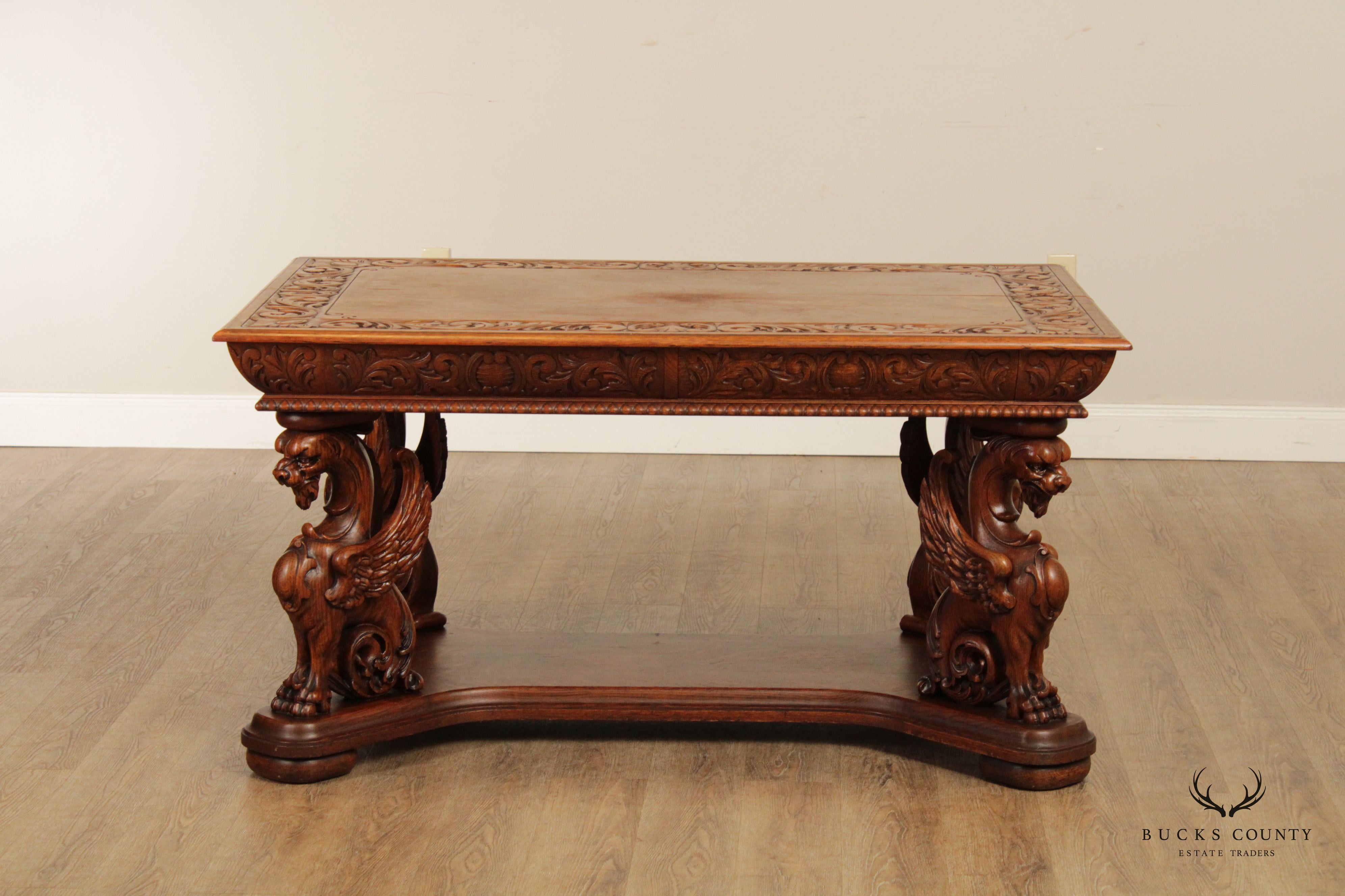 RJ Horner Antique Renaissance Revival Griffin Carved Oak Writing Desk or Library Table