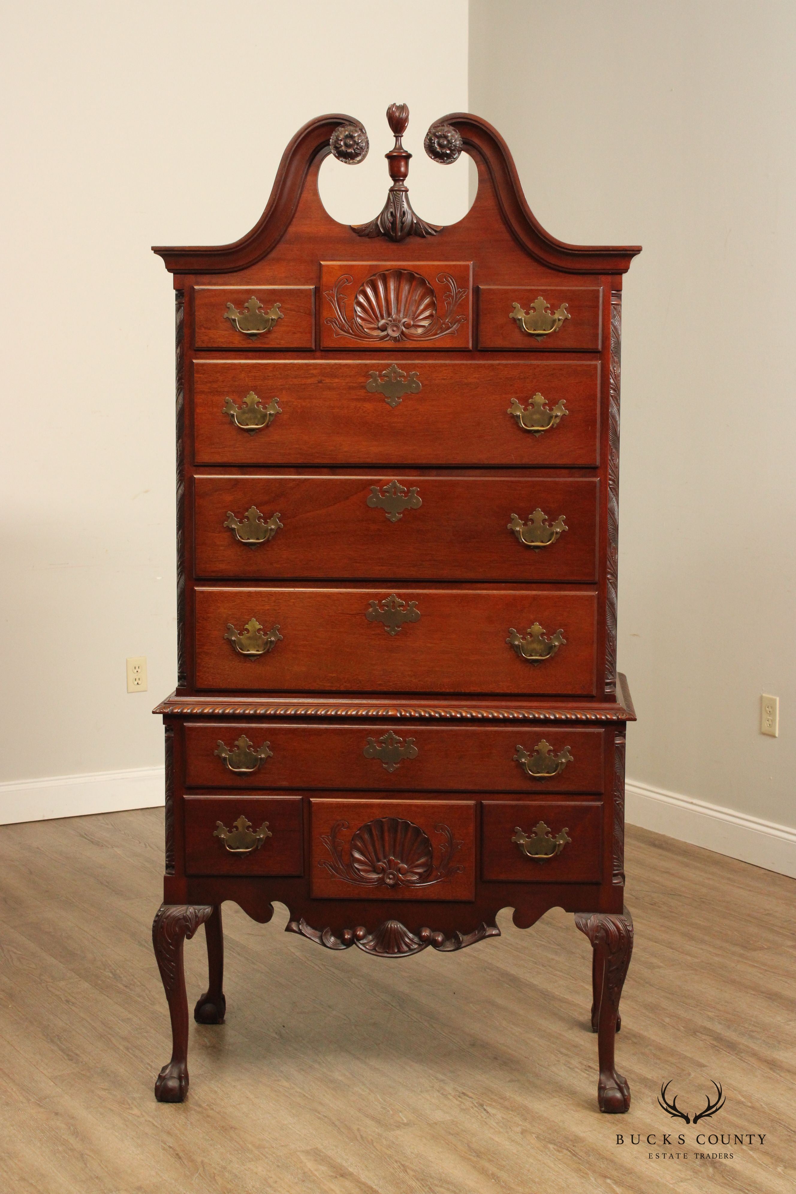 Custom Crafted Philadelphia Chippendale Style Carved Mahogany Highboy