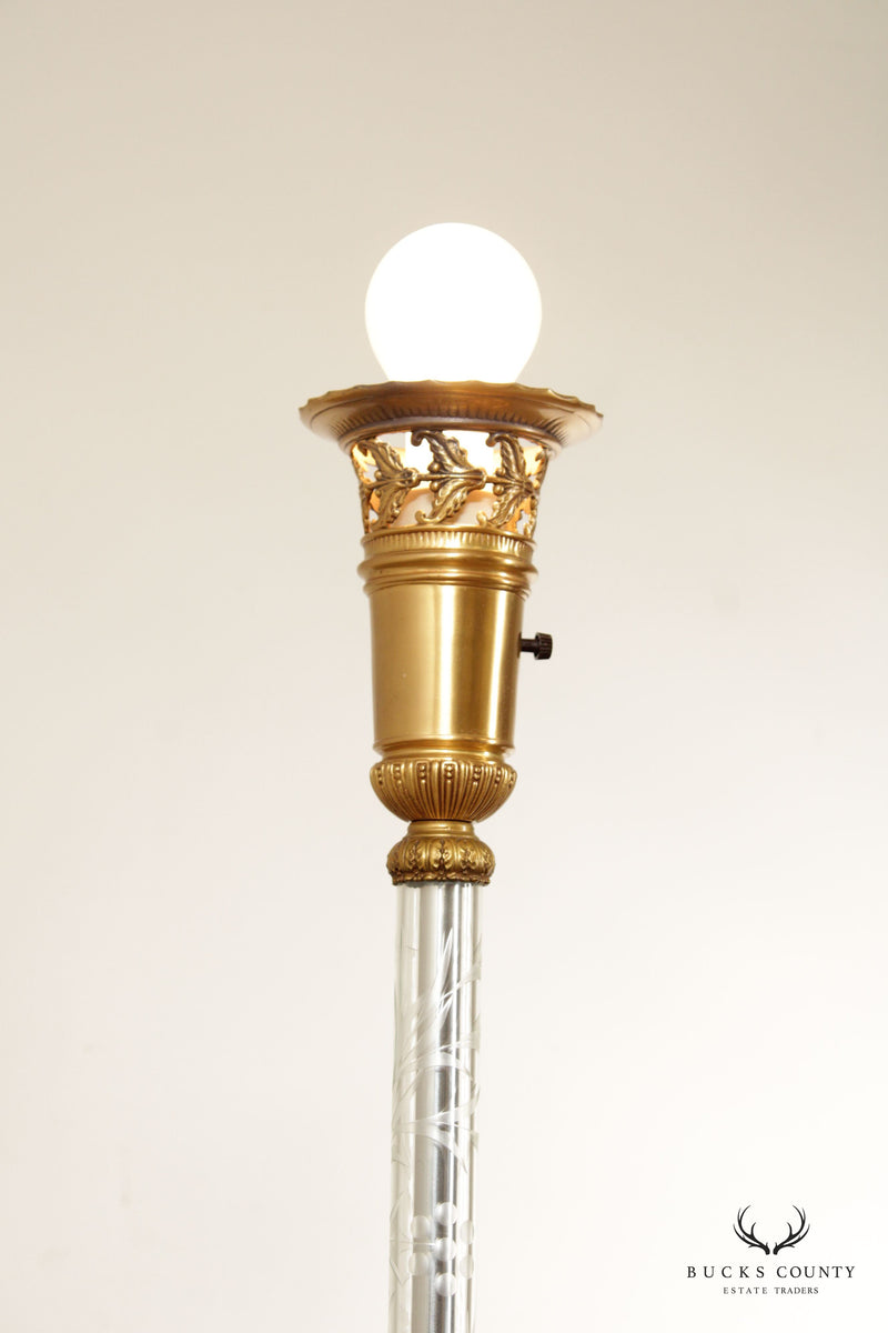 Art Deco Style Etched Glass Torchiere Floor Lamp