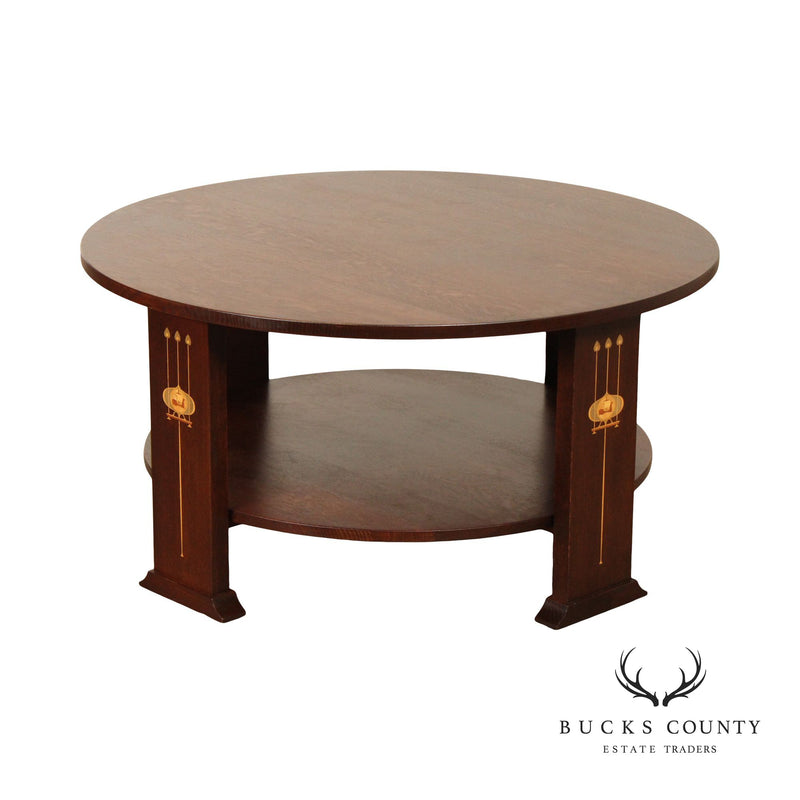 Stickley Mission Collection Oak Harvey Ellis Inlaid Round Cocktail Table