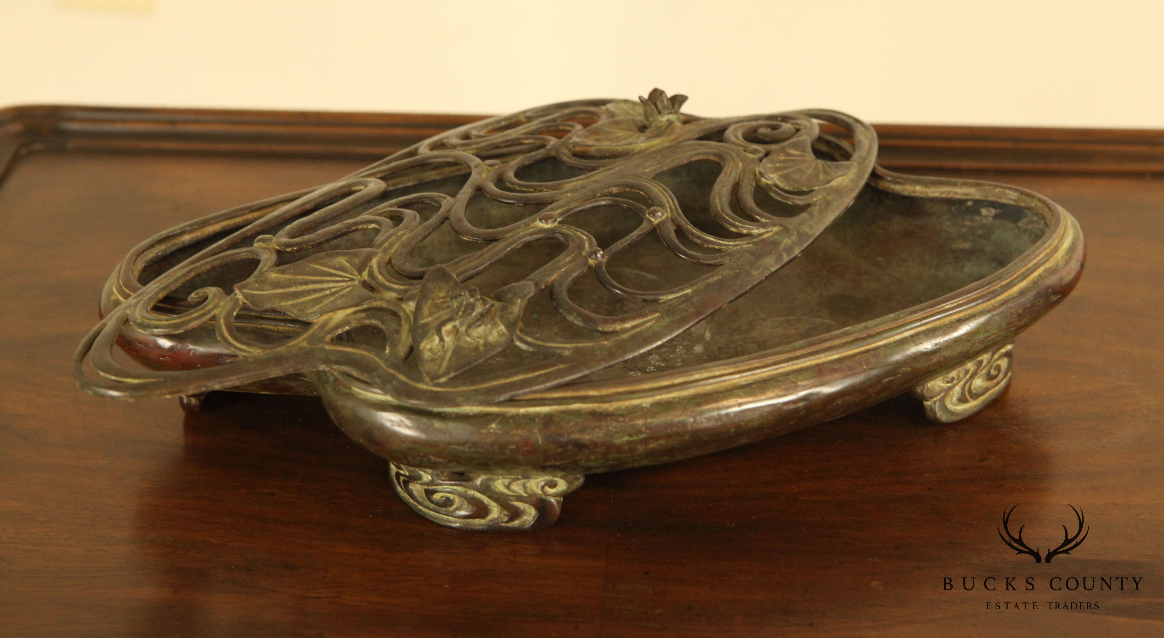 Painted Bronze Pond Form Censer with Frog and Lotus Blossom