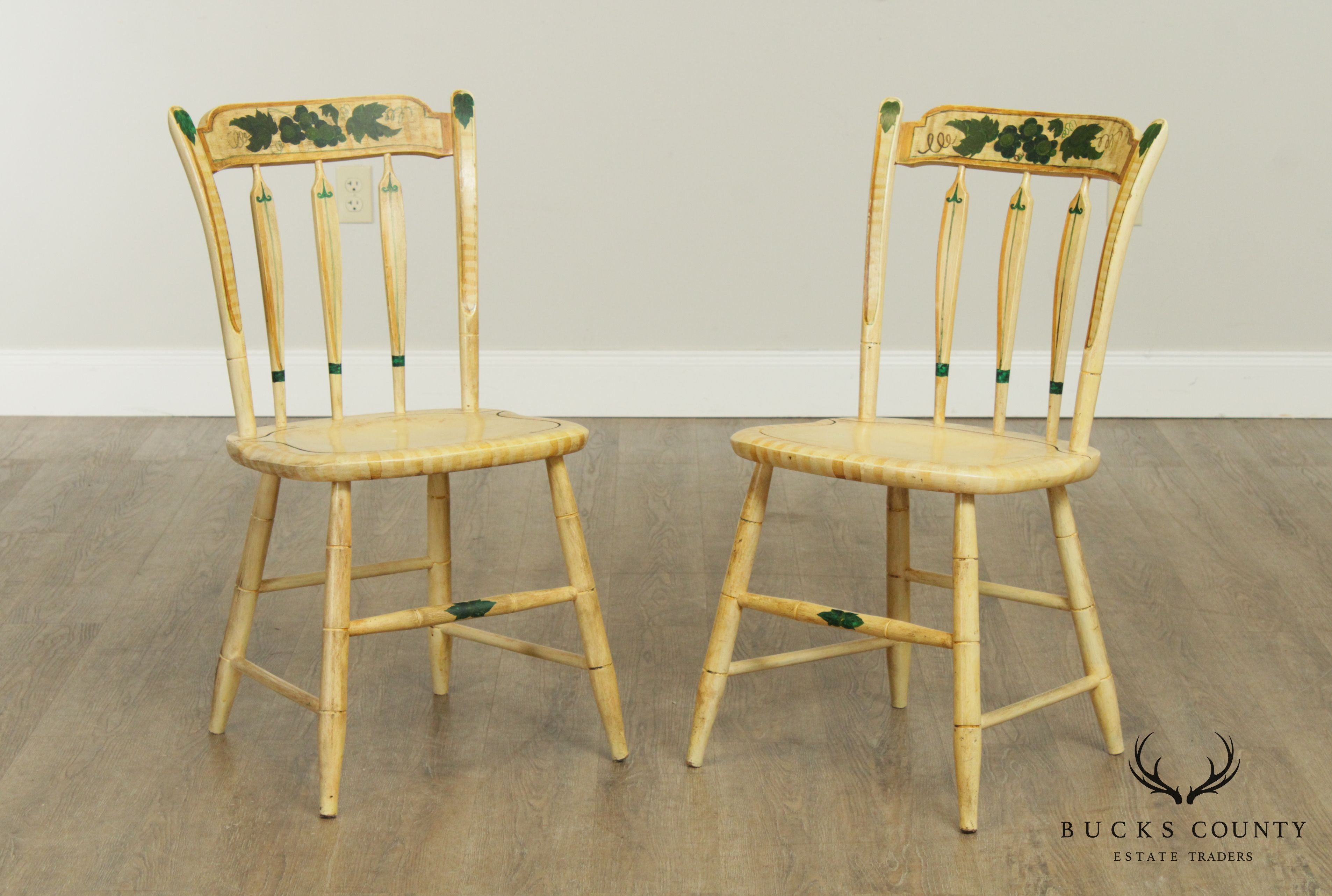 Antique Pair Paint Decorated Arrow Back Side Chairs