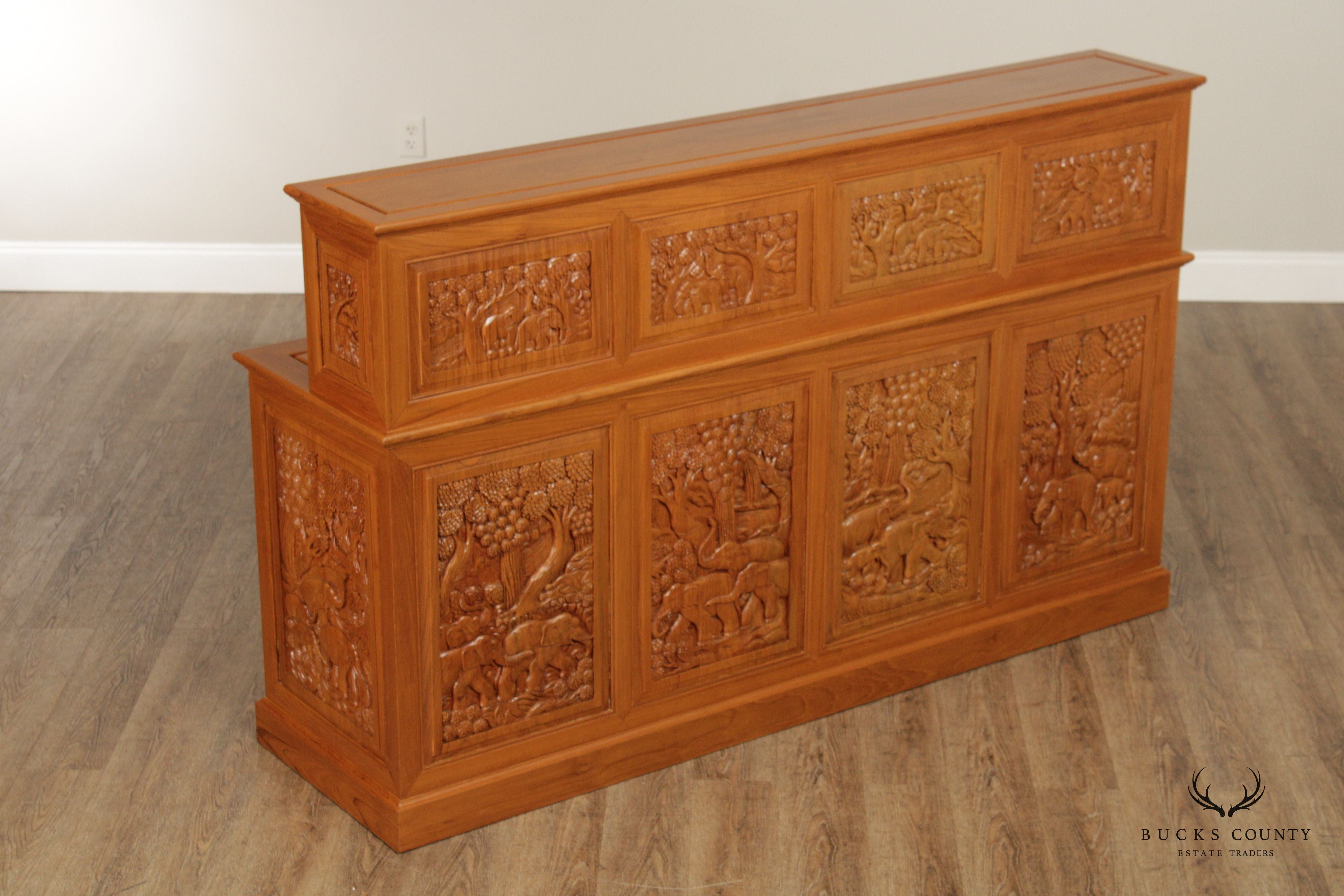 Hand Carved Solid Teak Bar and Pair of Bar Stools