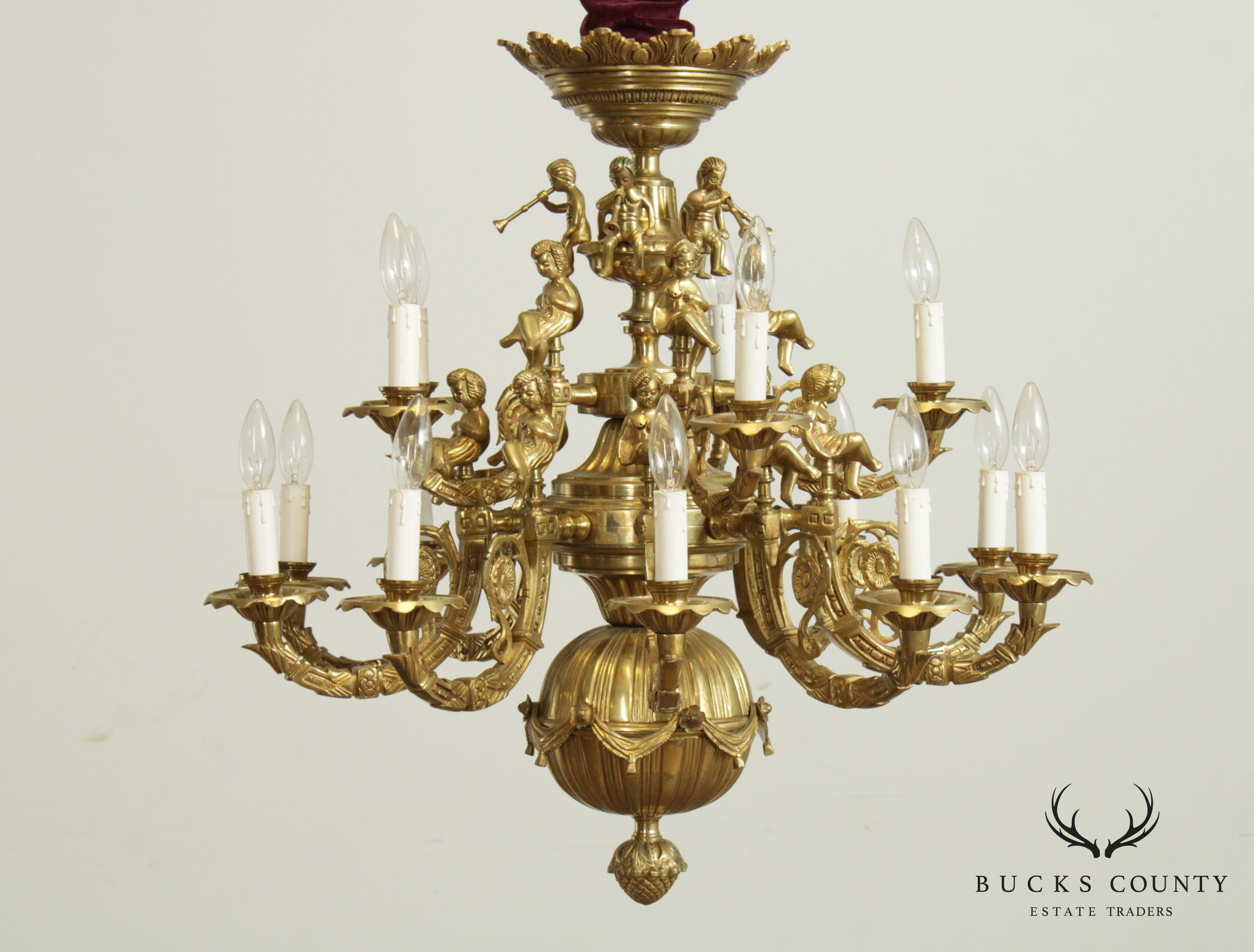 Vintage Rococo Style Heavy Brass  Figural Putti  Chandelier