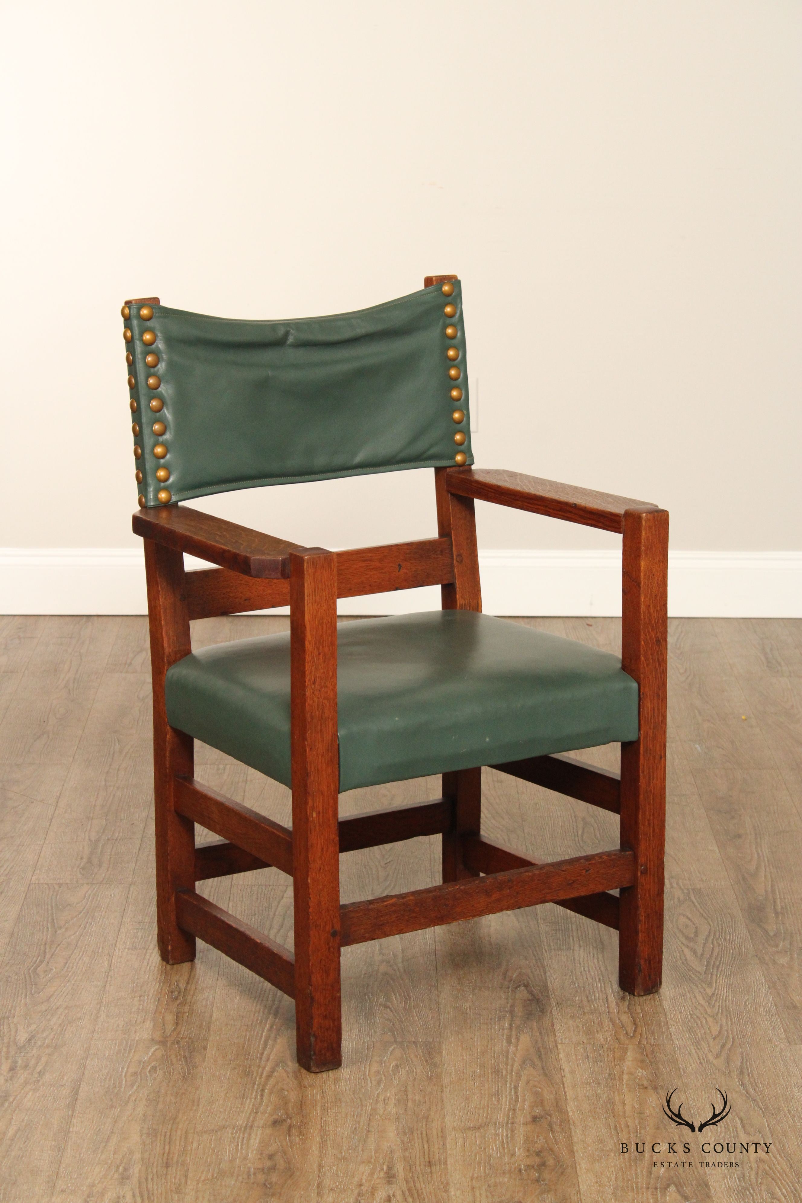 Gustav Stickley Antique Mission Oak Pair of Leather Back Armchairs