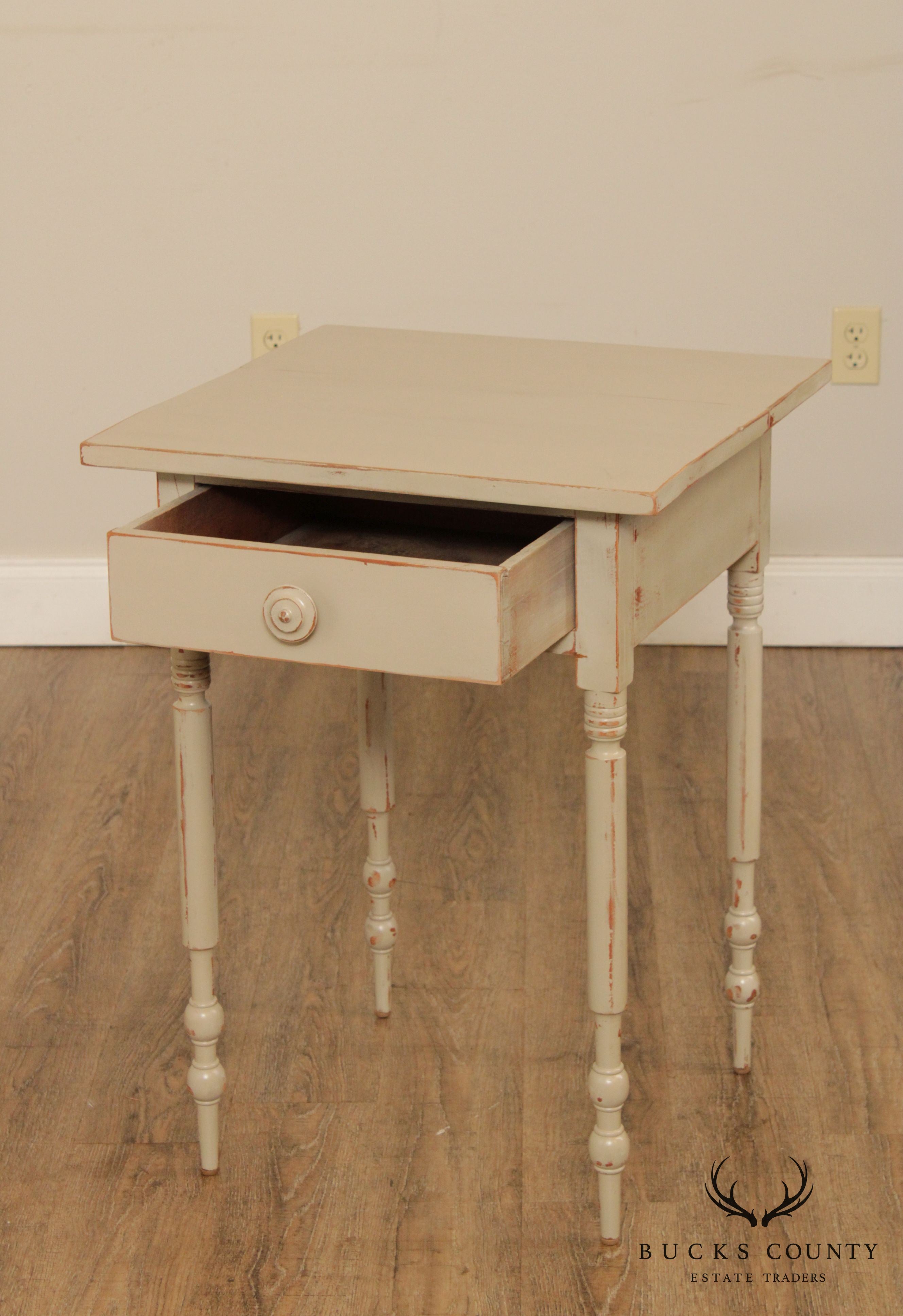 Antique Country Sheraton One Drawer Side Table, Custom Grey Finish