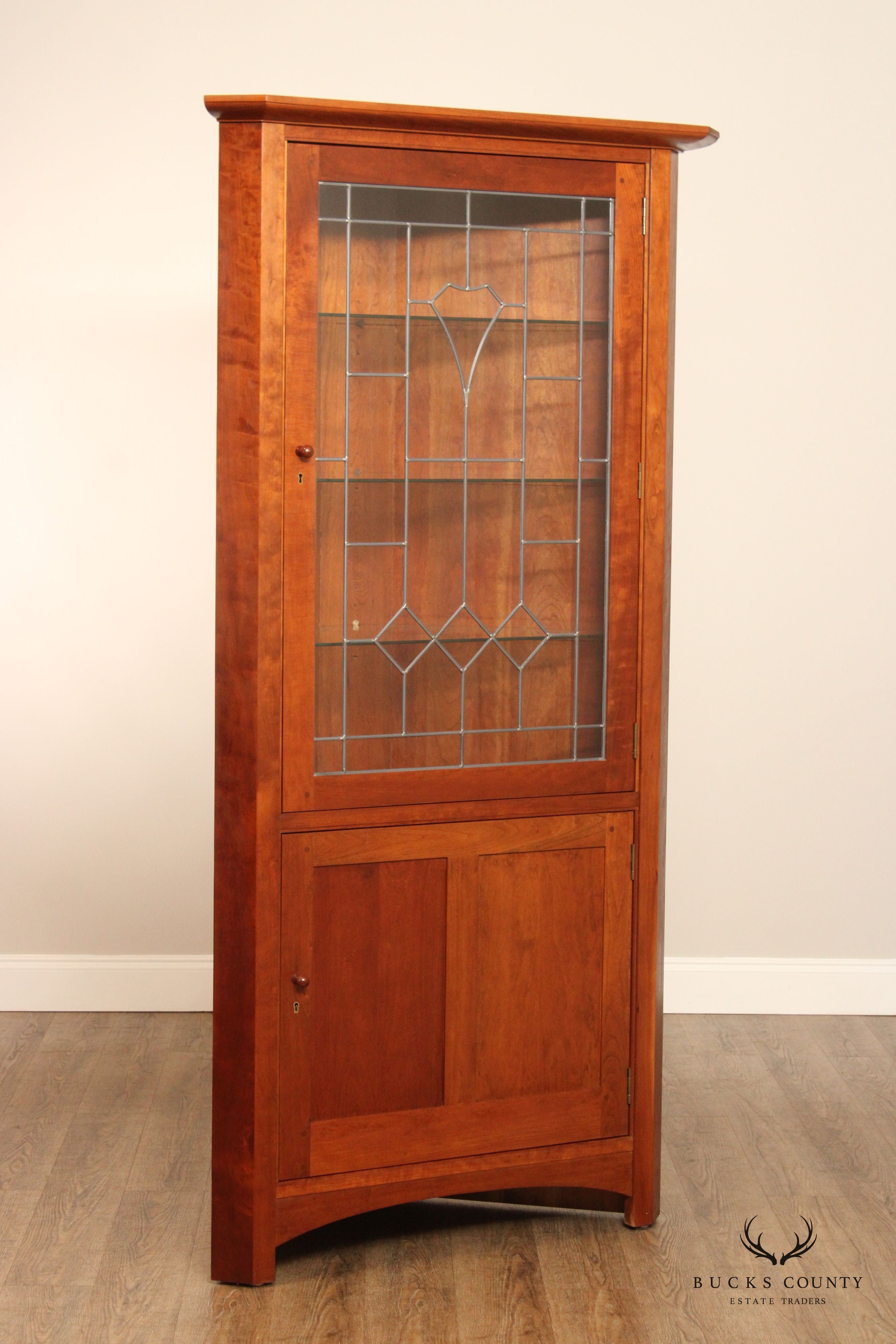 Stickley Mission Collection Pair of Cherry Corner Cabinets with Art Glass