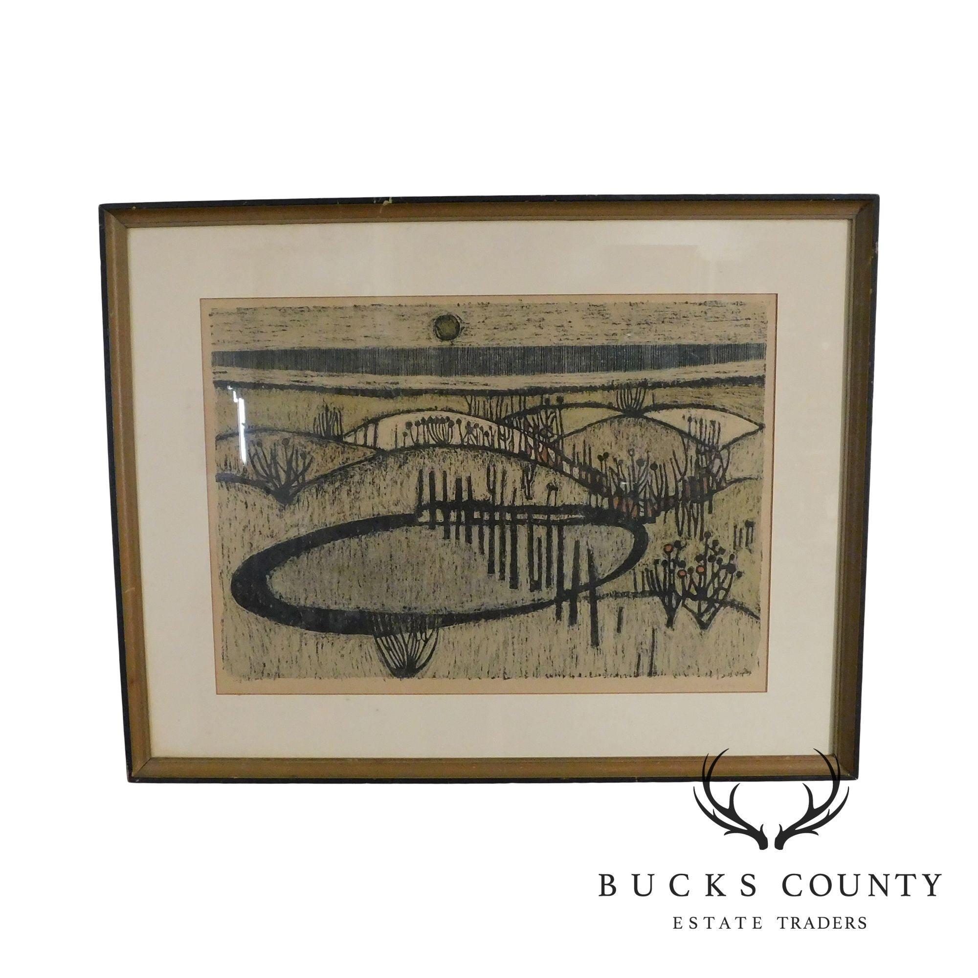 Mid Century Abstract Landscape Woodblock Print