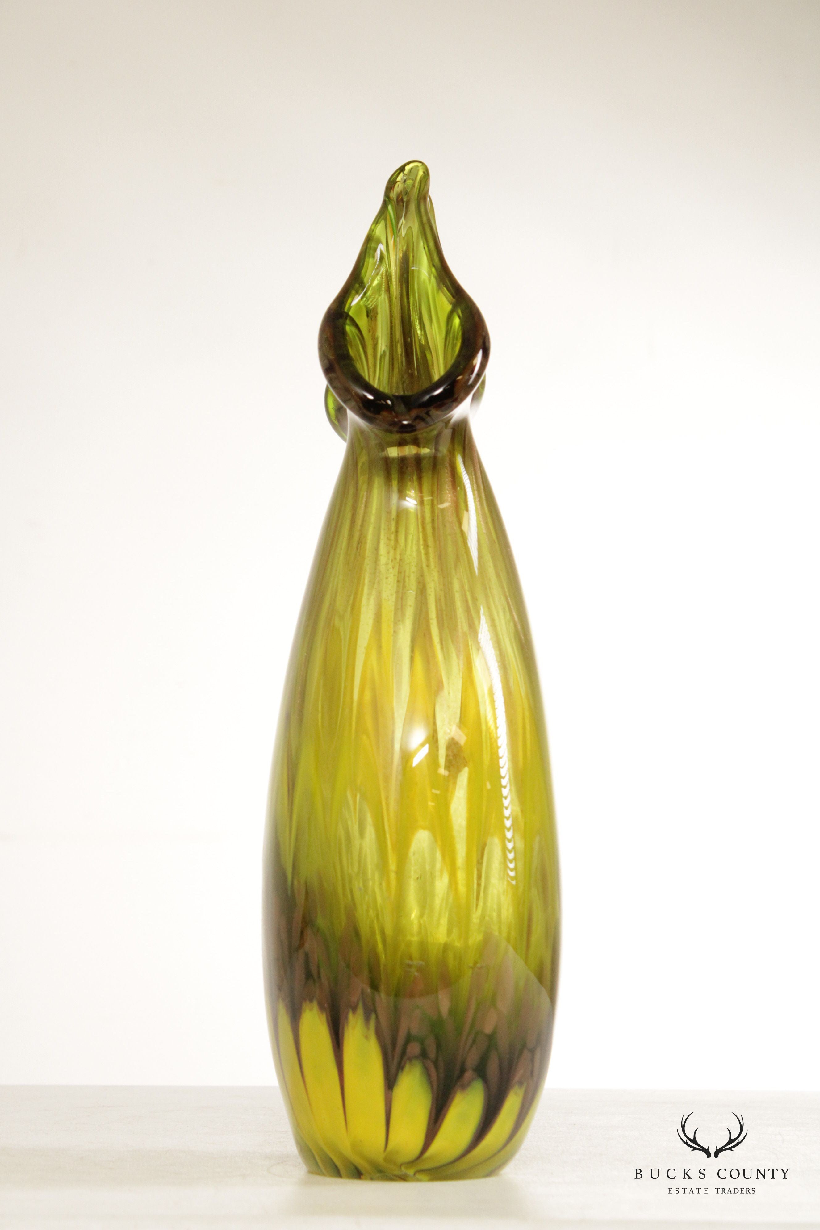 Mid Century Modern Hand Blown Green Art Glass Vase