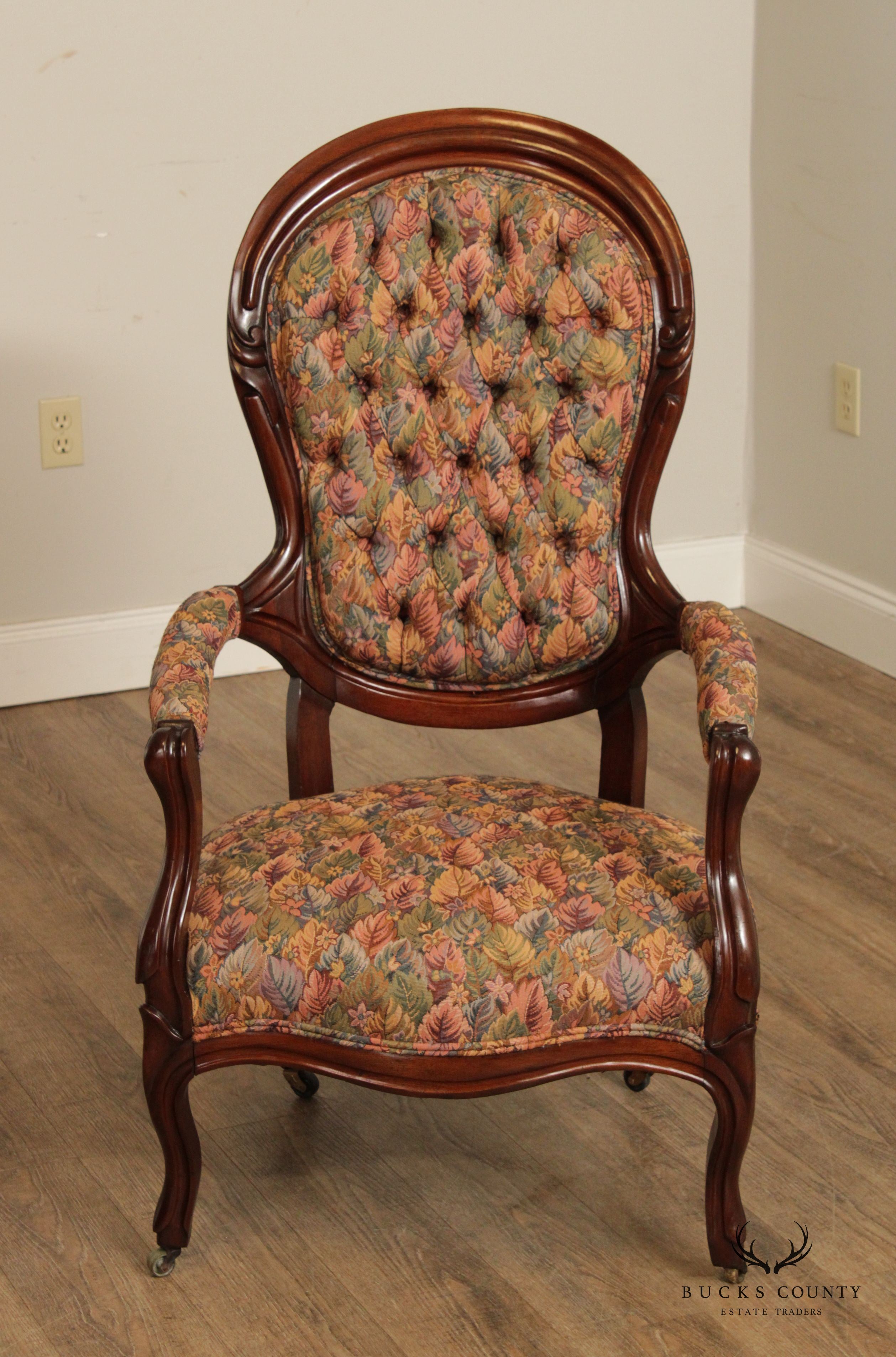 Antique Victorian Custom Upholstered Walnut Parlor Armchair