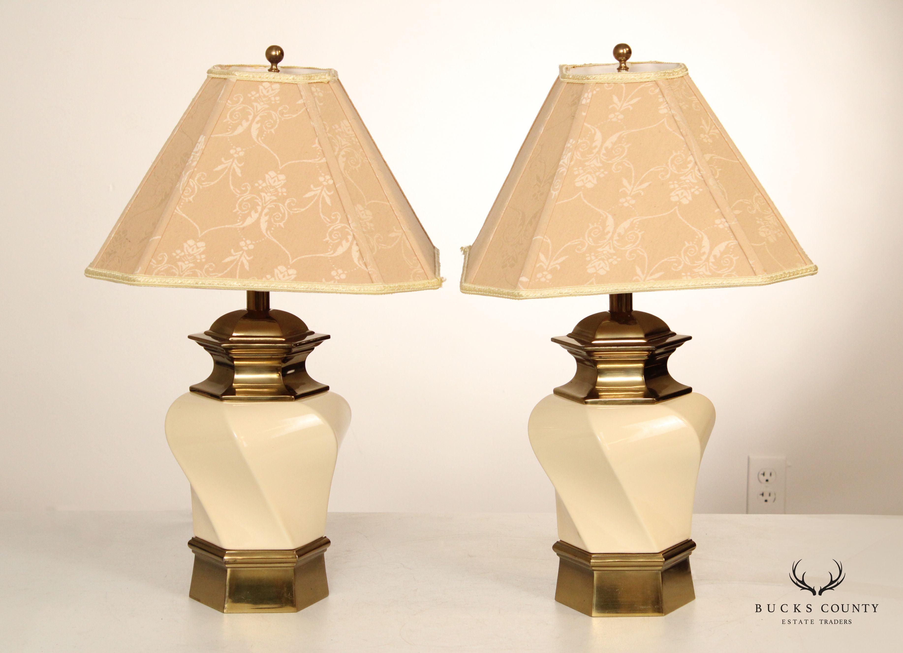 STIFFEL  BRASS AND CERAMIC PAIR OF VINTAGE HEXAGONAL TABLE LAMPS