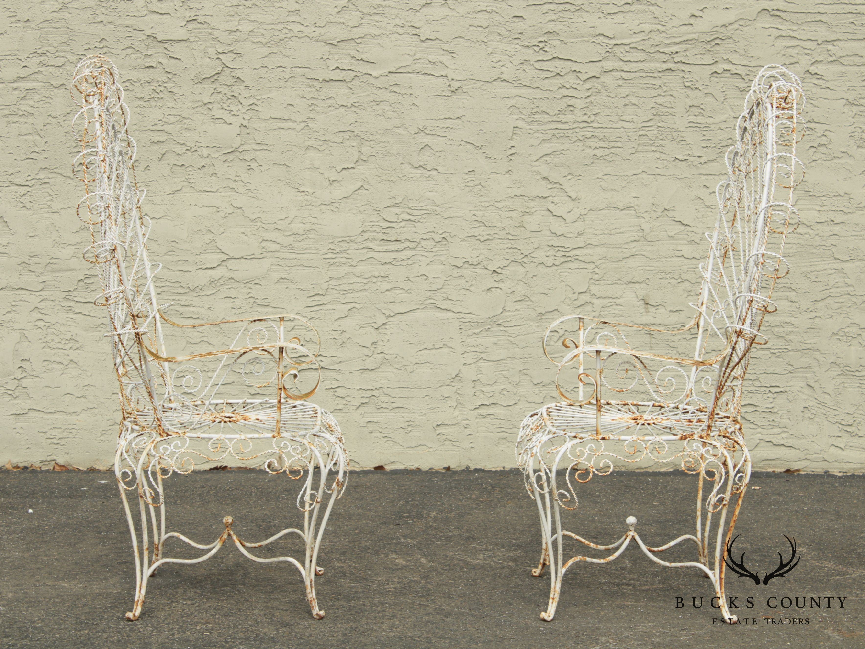 Vintage Pair Wrought Iron Peacock Garden Armchairs