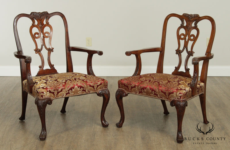 Georgian Style Vintage Custom Quality Carved Mahogany Pair Armchairs