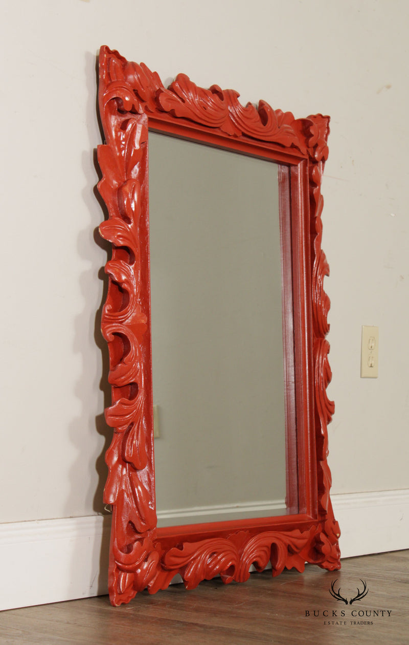 Vintage Foliate Carved Red Painted Wall Mirror