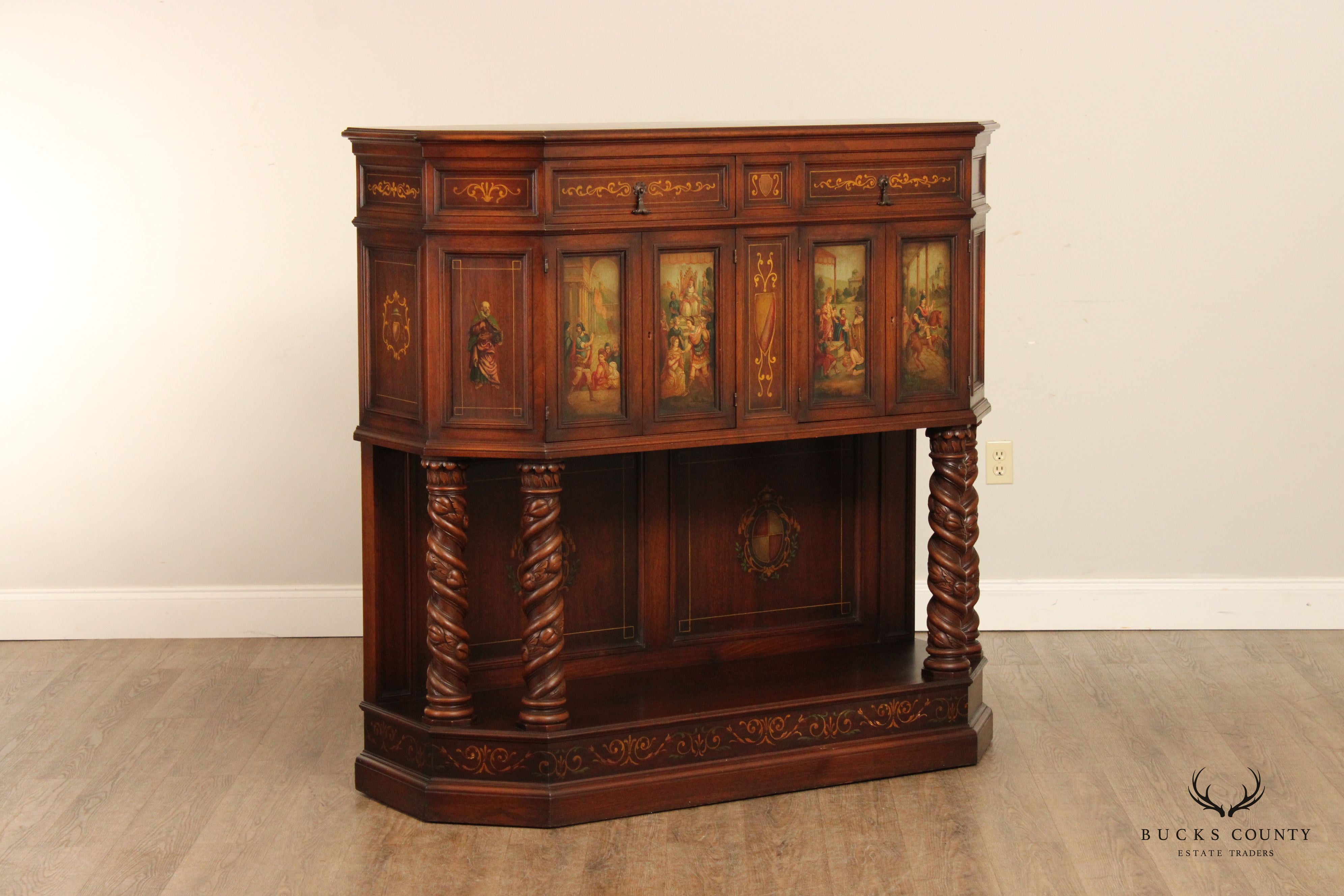 Renaissance Revival Style Polychrome Painted Walnut Court Cabinet