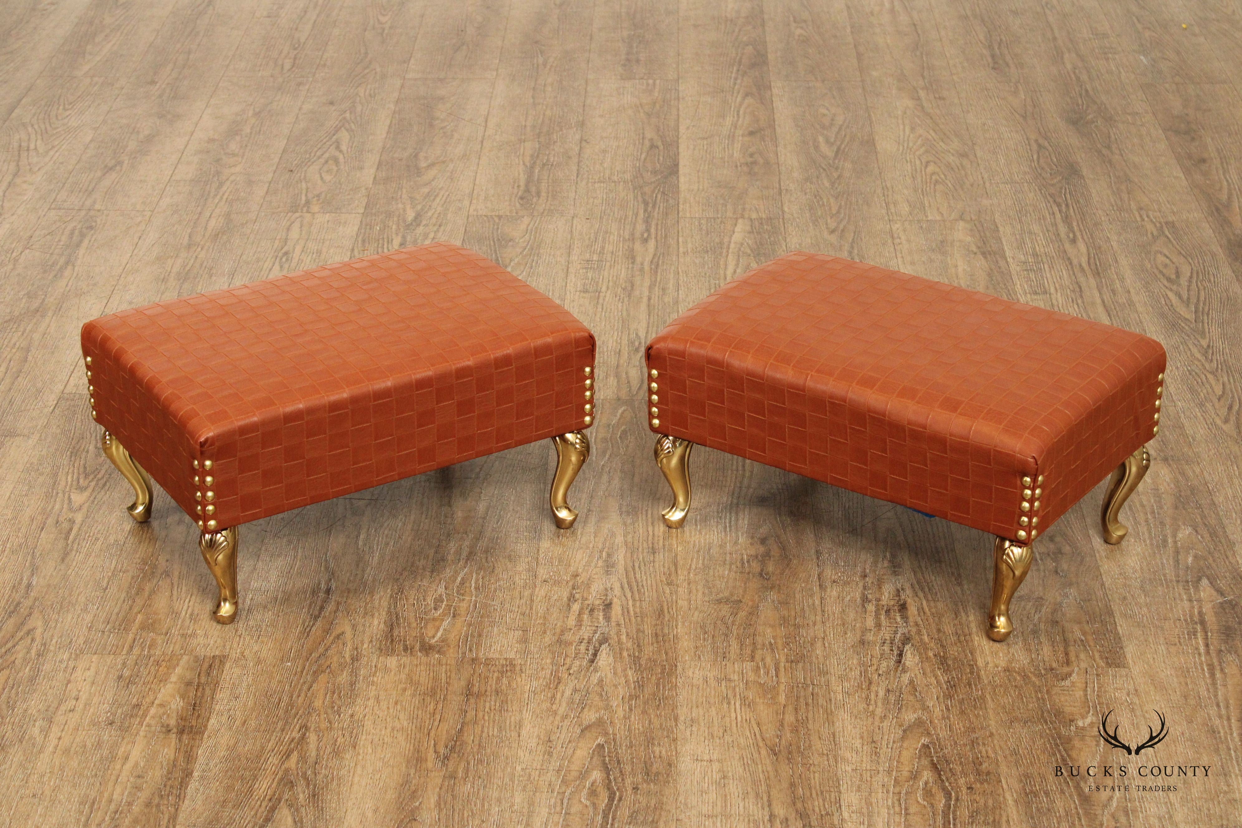 Italian Hollywood Regency Pair of Brass and Leather Foot Stools