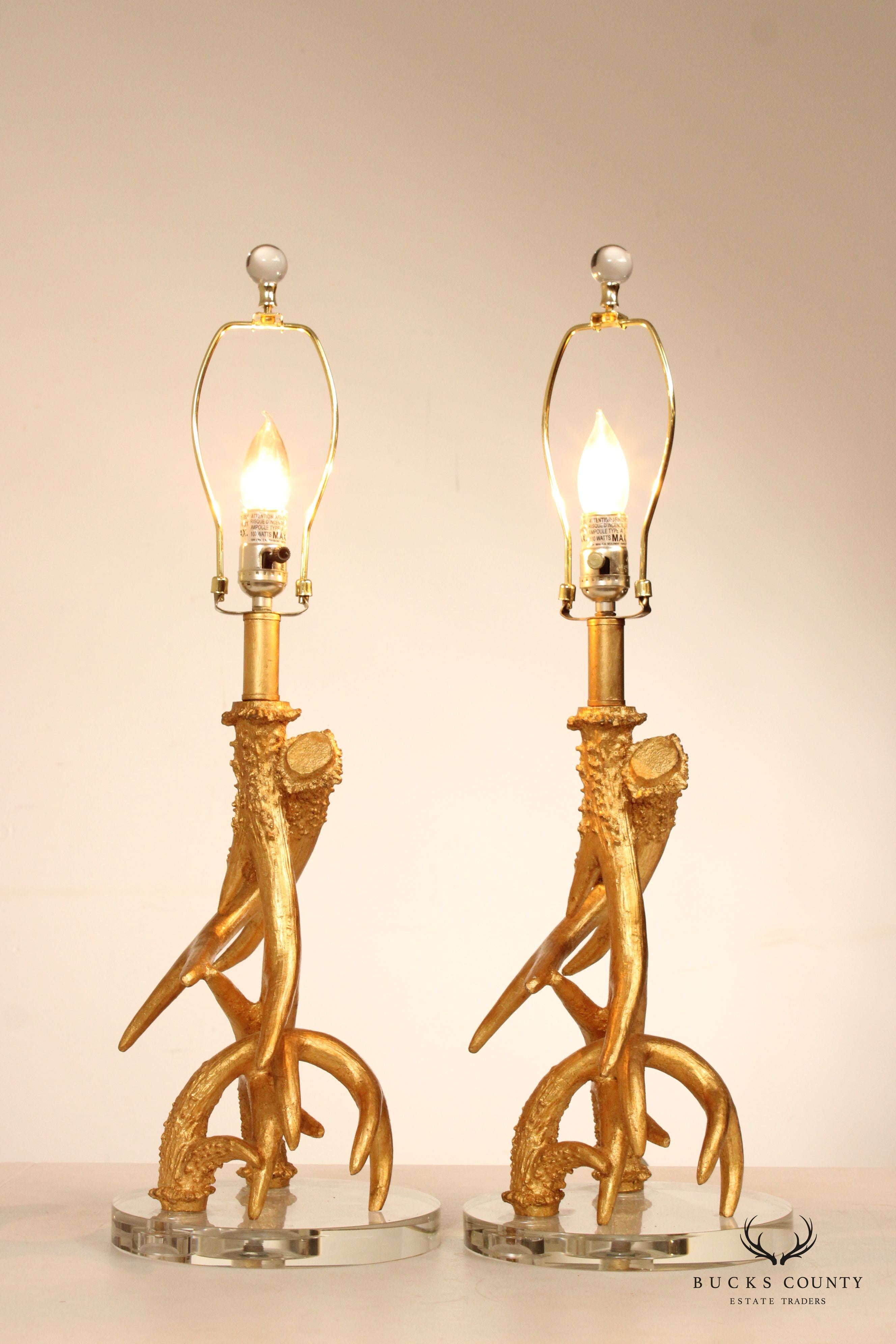 Contemporary Rustic Pair Gilt Antler Table Lamps