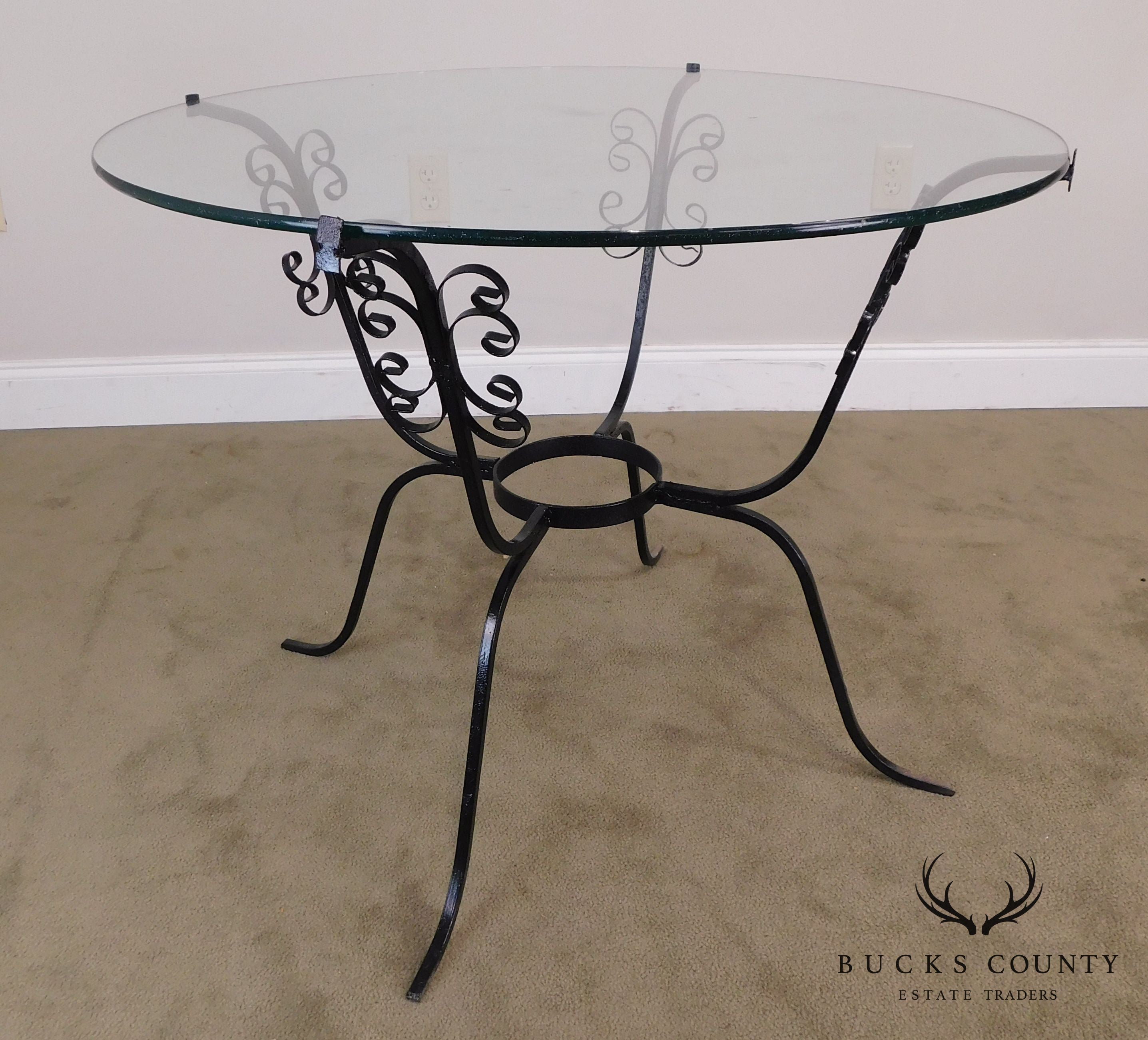 Vintage Black Scrolled Wrought Iron Round Glass Top Table