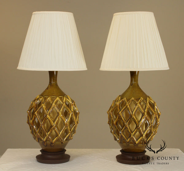 Mid Century Modern Pair Reticulated Cut Out Ceramic Table Lamps