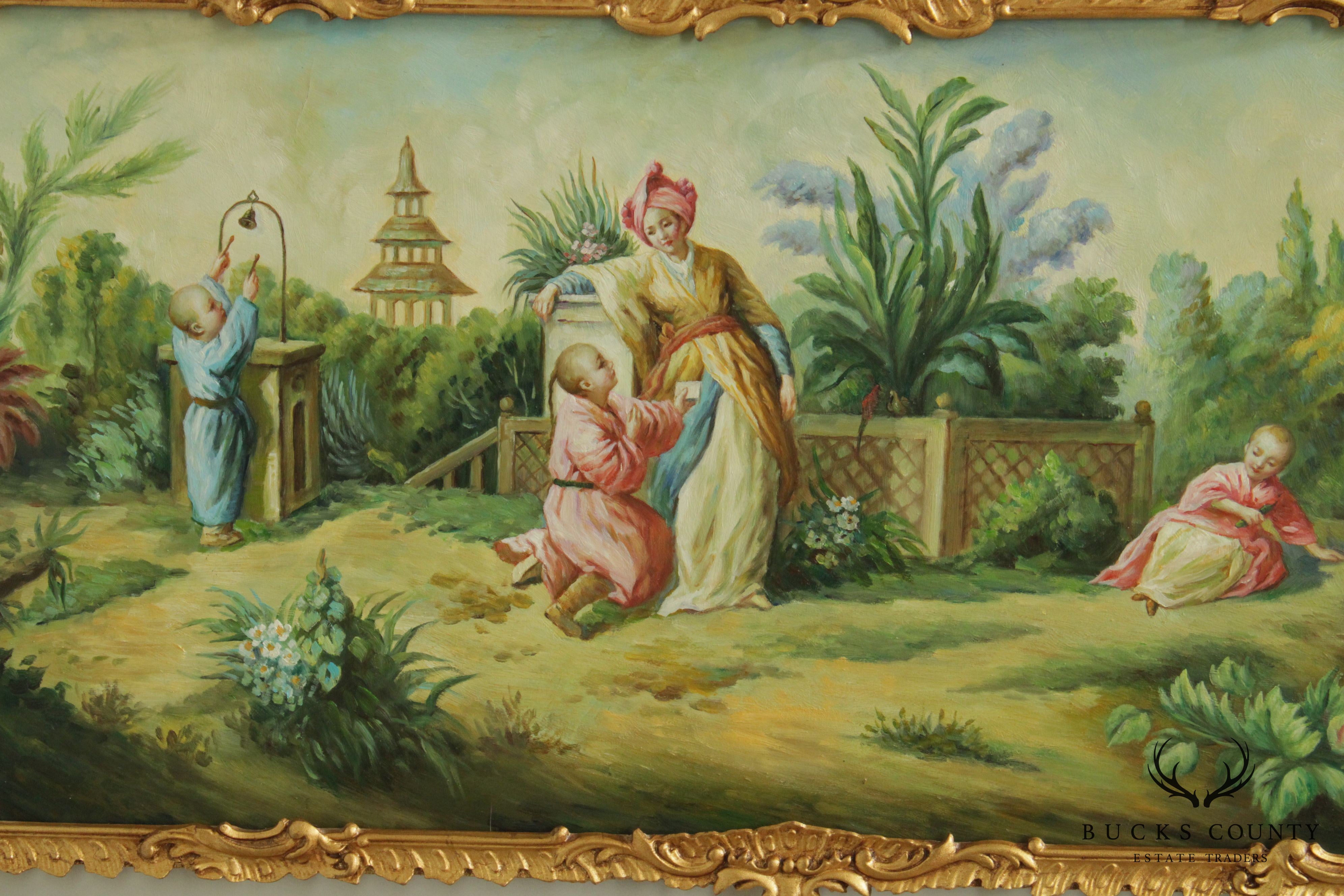 Asian Garden Landscape Original Oil Painting in Custom Gilt Frame