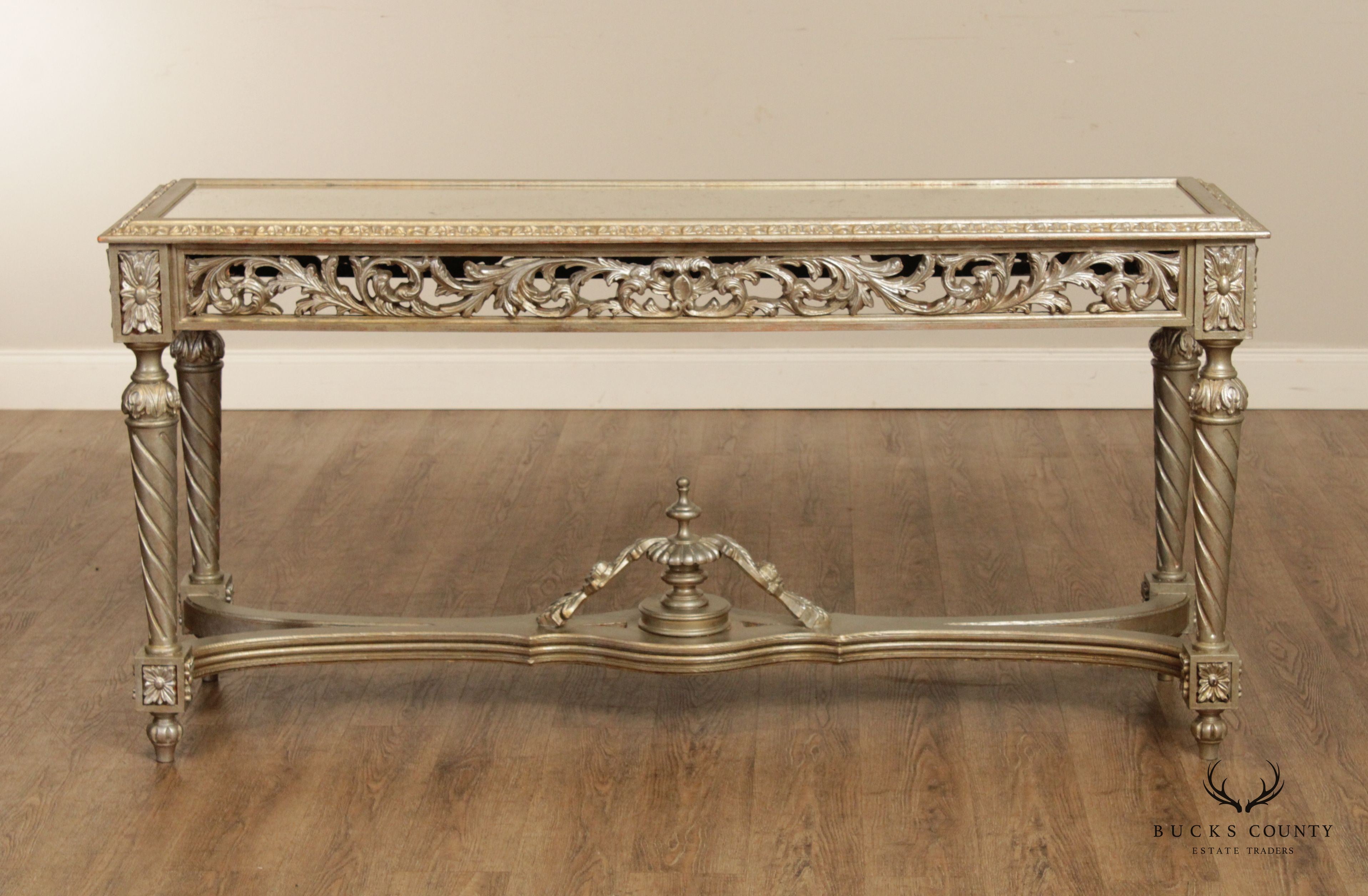 French Louis XVI Style Silvered Mirror Top Console Table