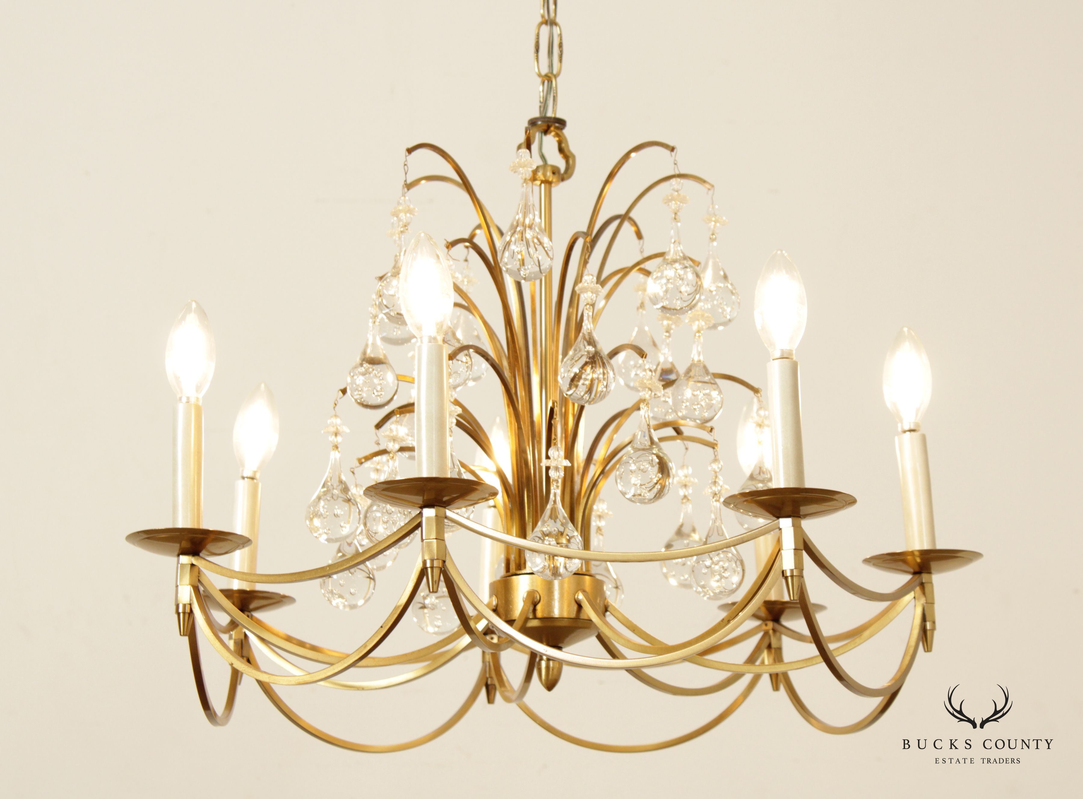 Hollywood Regency Brass and Crystal 7-Light Chandelier