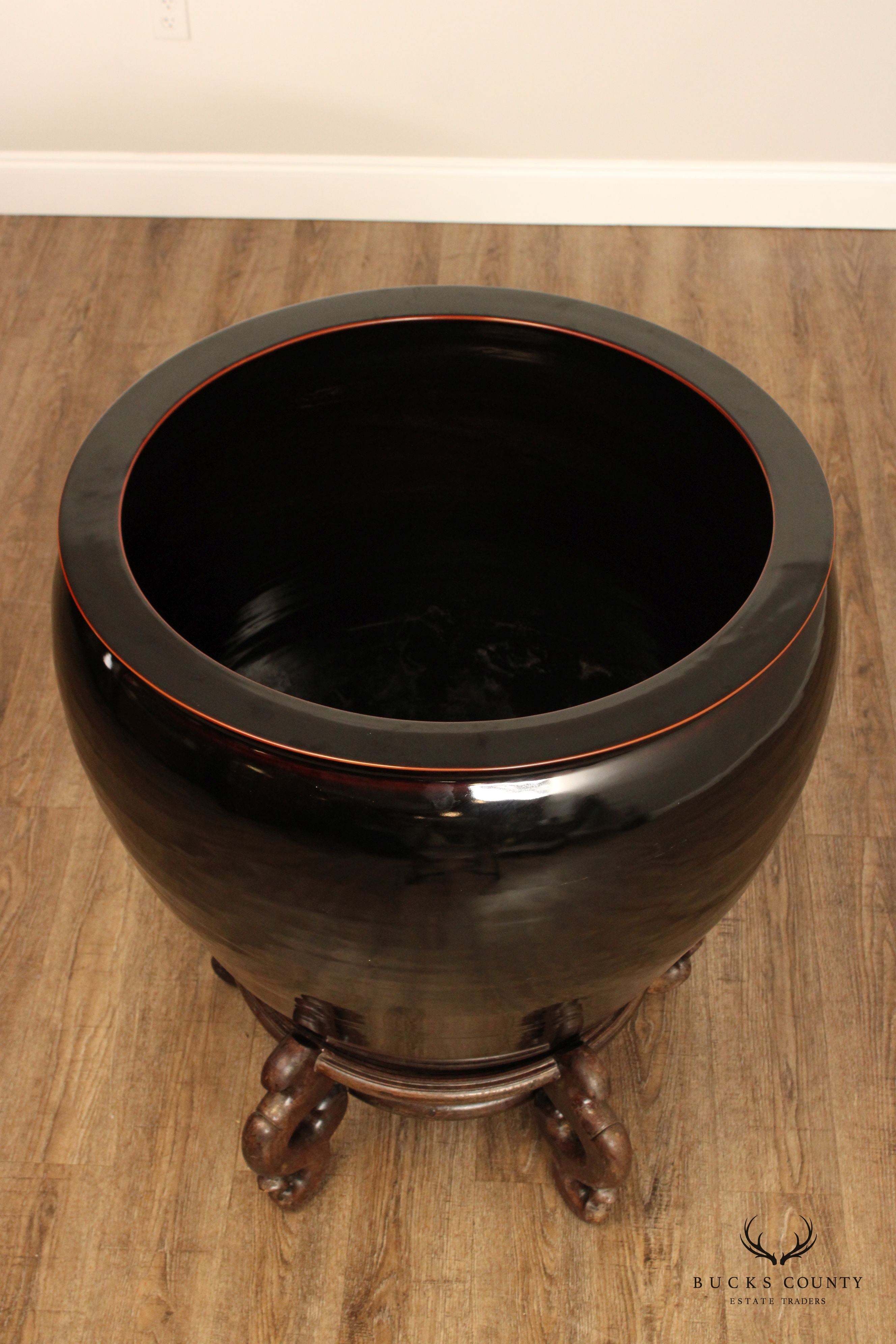 Asian Style Large Black Ceramic Fish Bowl Planter on Stand