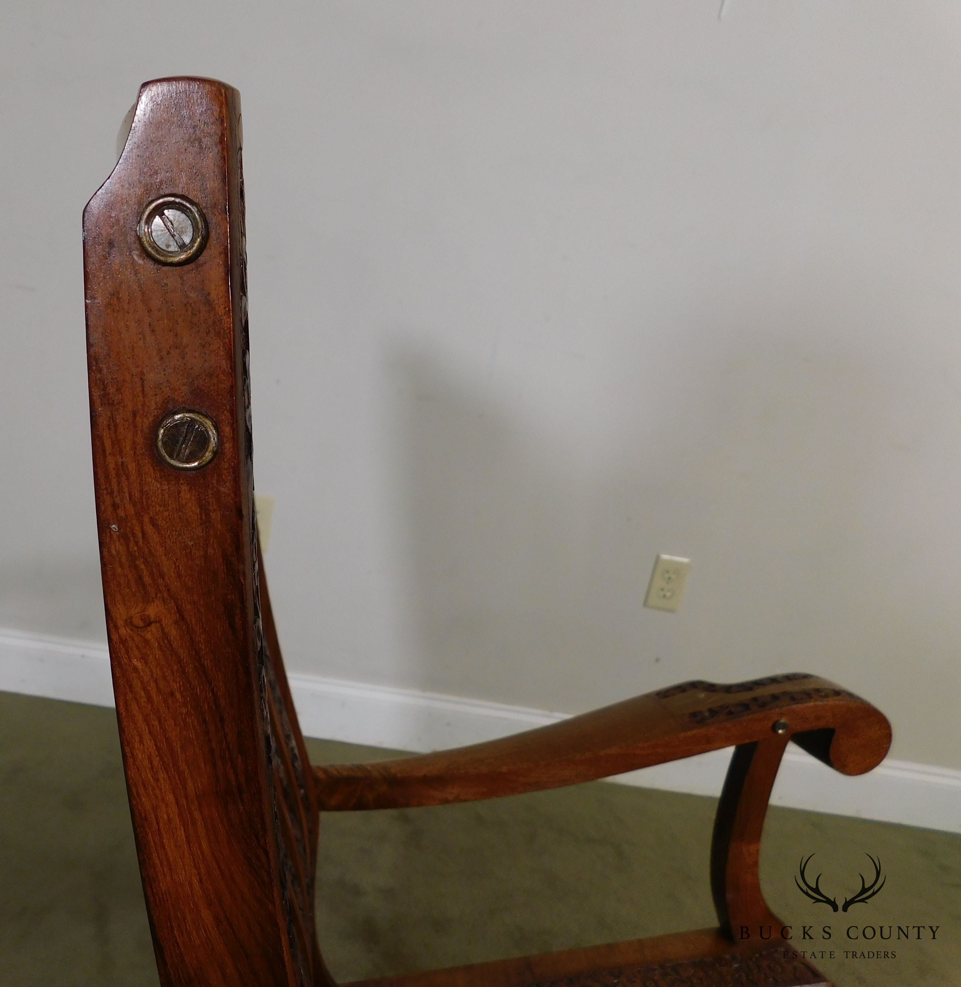 Vintage Indian Carved Hardwood Brass Inlaid Rocker