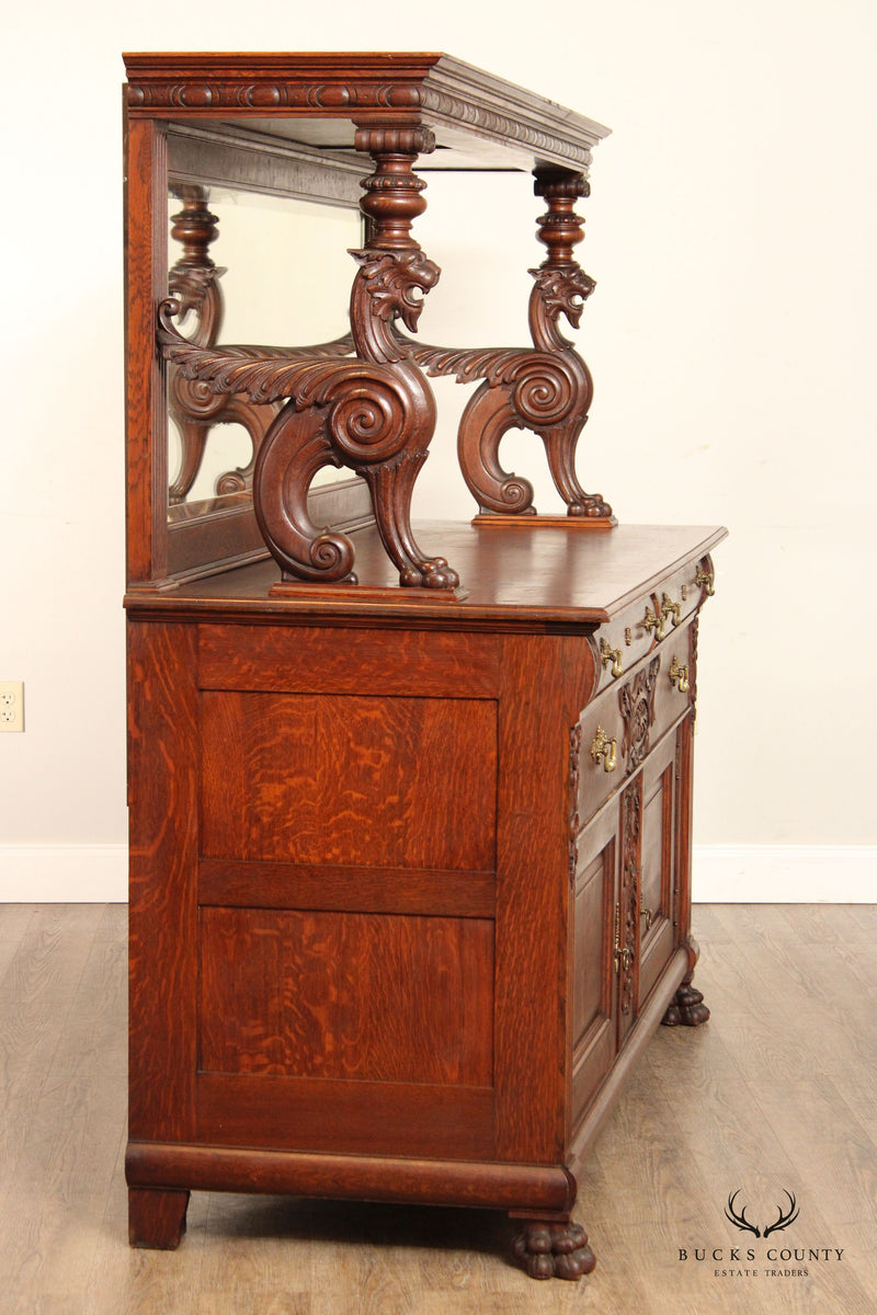 Renaissance Revival Antique Solid Oak Griffin Carved Mirrored Sideboard or Buffet